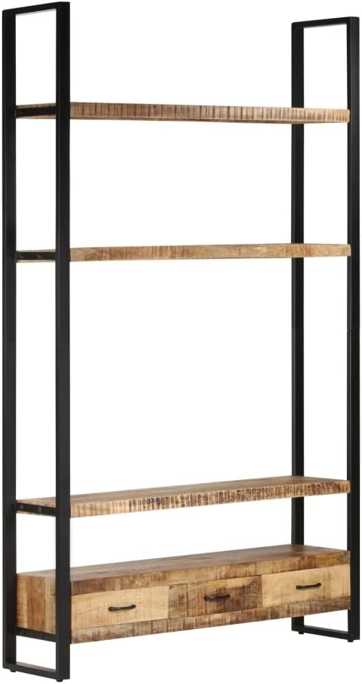 Rustic Solid Mango Wood Bookshelf with Black Metal Frame, 3 Spacious Shelves for Books and Decor, Unique Wood Grain Design, Wall Mountable Storage Unit for Living Room Office