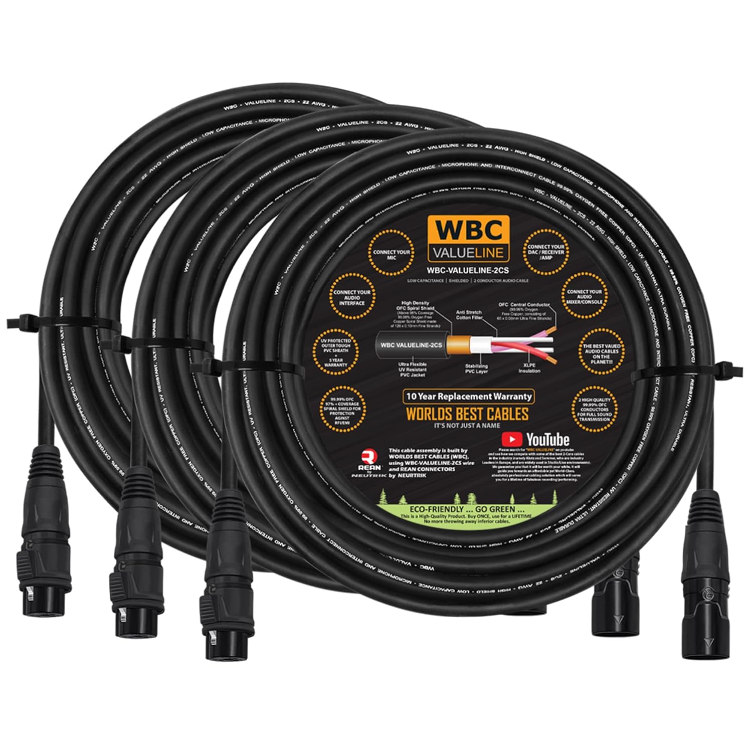 WBC-VALUELINE-2CS (22 AWG) - 3 Units - 100 Foot–Low-Capacitance Shielded Balanced Flexible Microphone, Active-Speaker & Interconnect Cables with Neutrik-Rean IP65 Rated Gold XLR Connectors