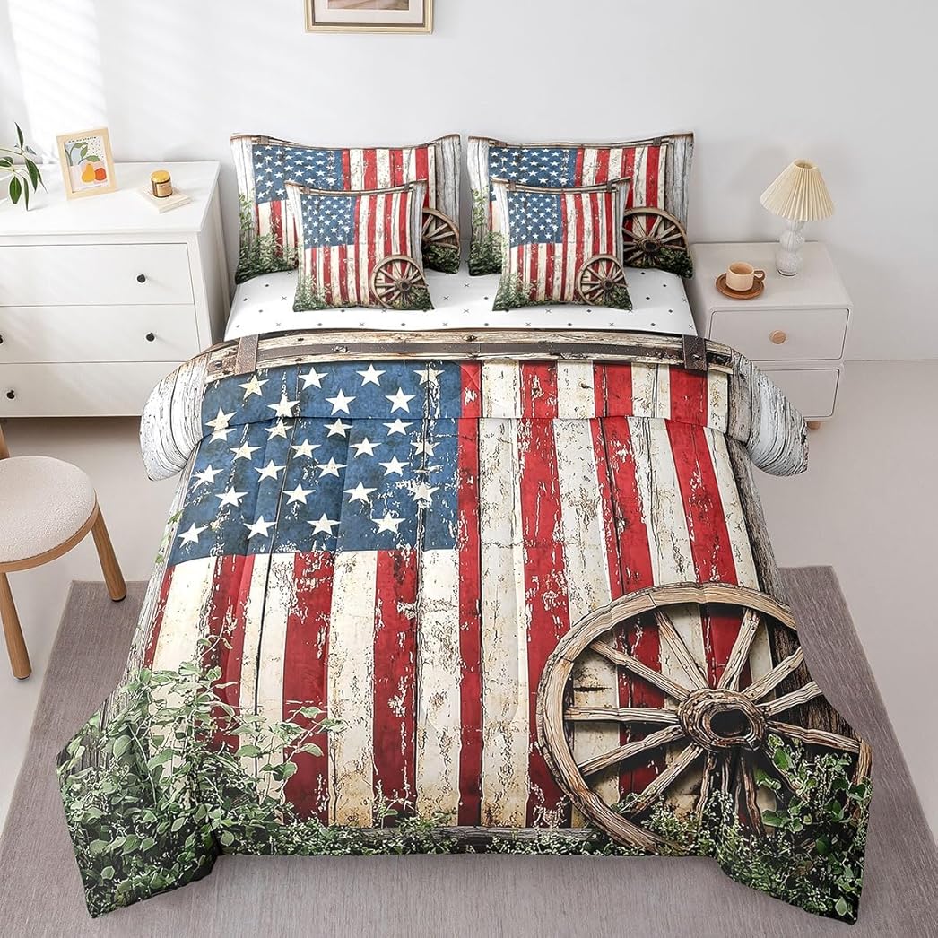 United States Flag Duvet Cover July Fourth Comforter Set with Sheets Antique Cart Wheels 7 Piece Bedding Set Queen Size, Red Blue Stars and Stripes Room Decor, Vintage Countryside Wood Board Bed Set