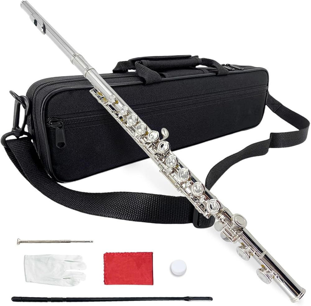 16 Key Closed Hole C Flute for Beginners, Students, Adults – Silver Plated Nickel Flute with Carrying Case, Cleaning Kit, Tuning Rod, Gloves – Lightweight, Durable & Easy to Play (Sliver)