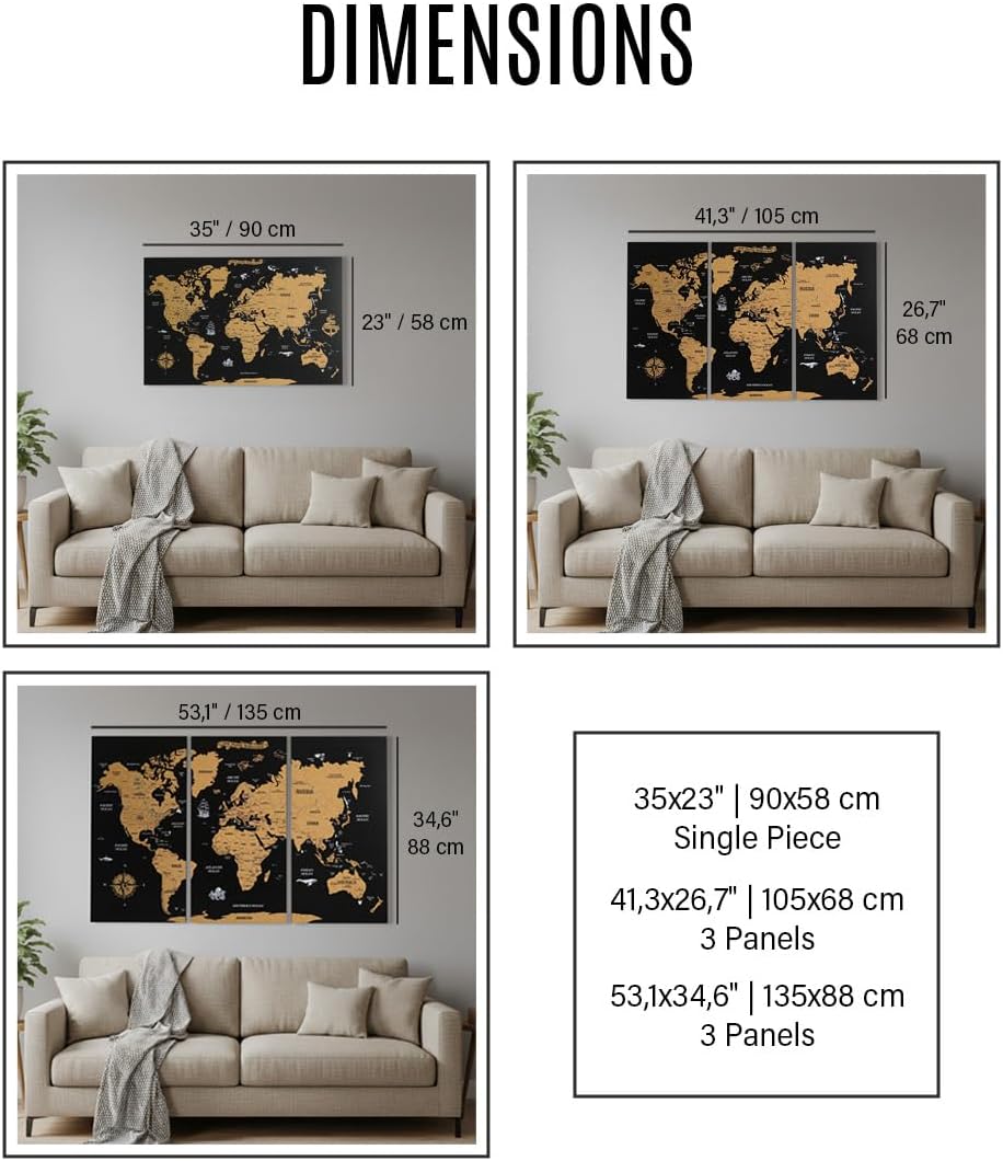 Colorfull Worlds Unframed White Cork World Map Wall Art – 53 x 34.6 inches – 3-Piece Design – Large Geographical Map – Home Office Decor – Modern Wall Art