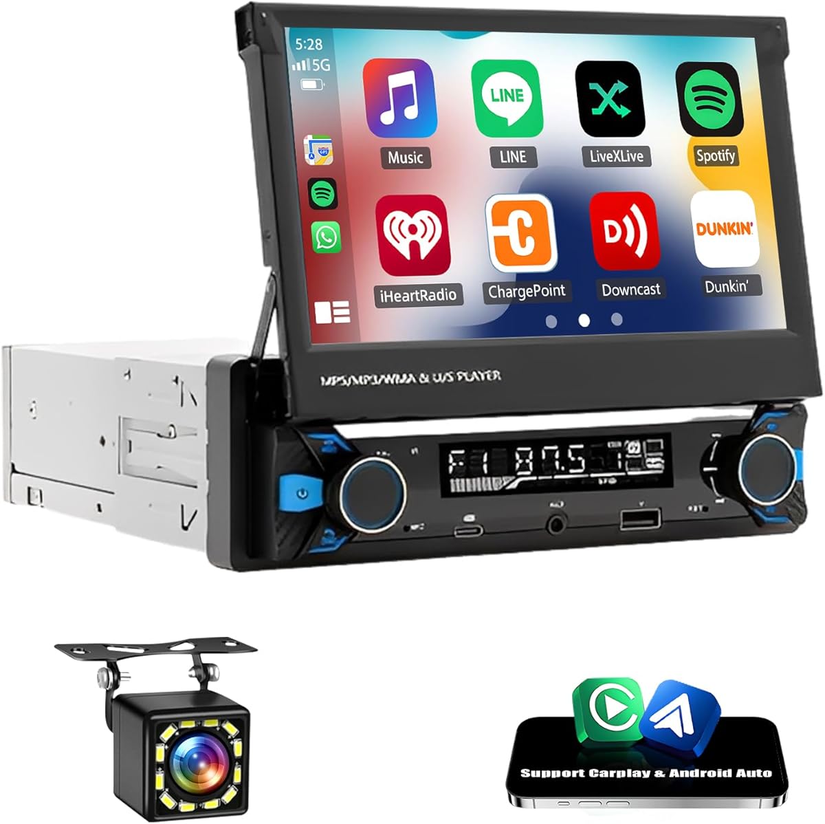 Single Din Car Stereo with Wireless Carplay Android Auto, 2G+64G 7