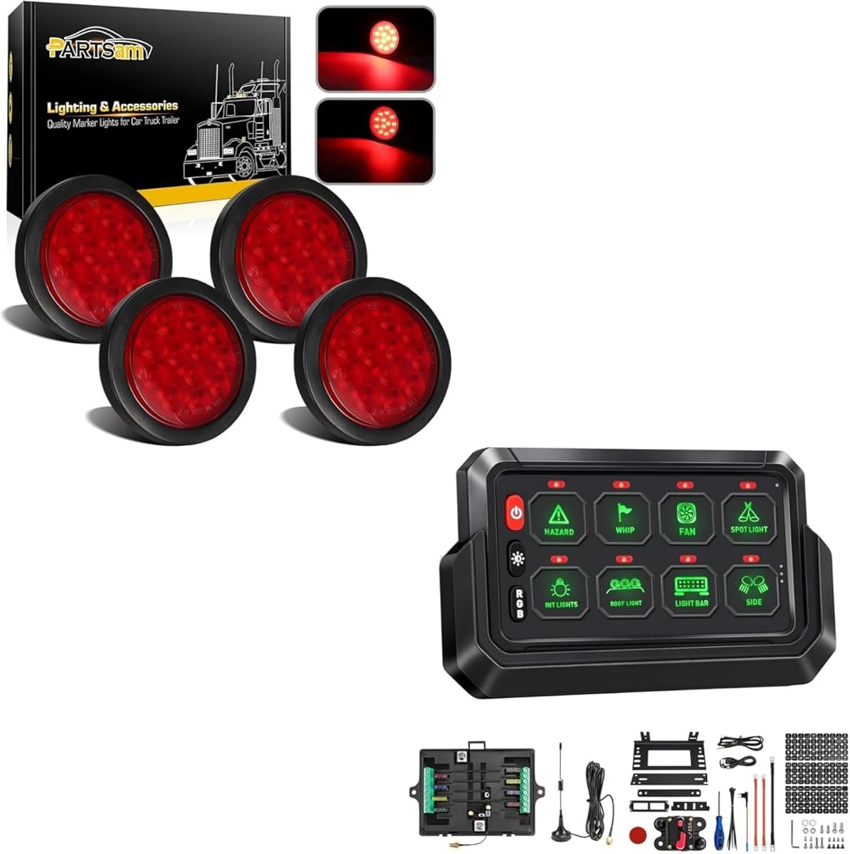 Partsam Round Led Trailer Tail Lights Kit Red+Wireless RGB 8 Gang Switch Panel