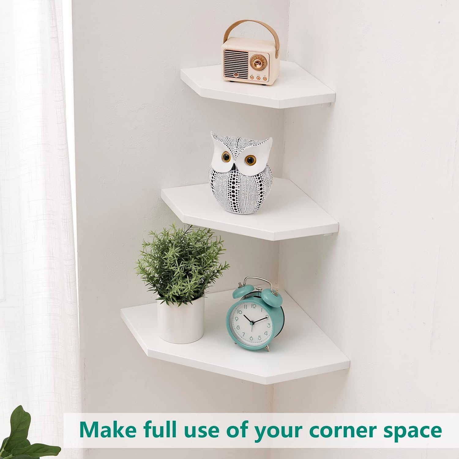 3PCS White Corner Shelves Wall Mount Set Round End Floating Speaker Shelf Display Shelf for Small Plant Photo Frame