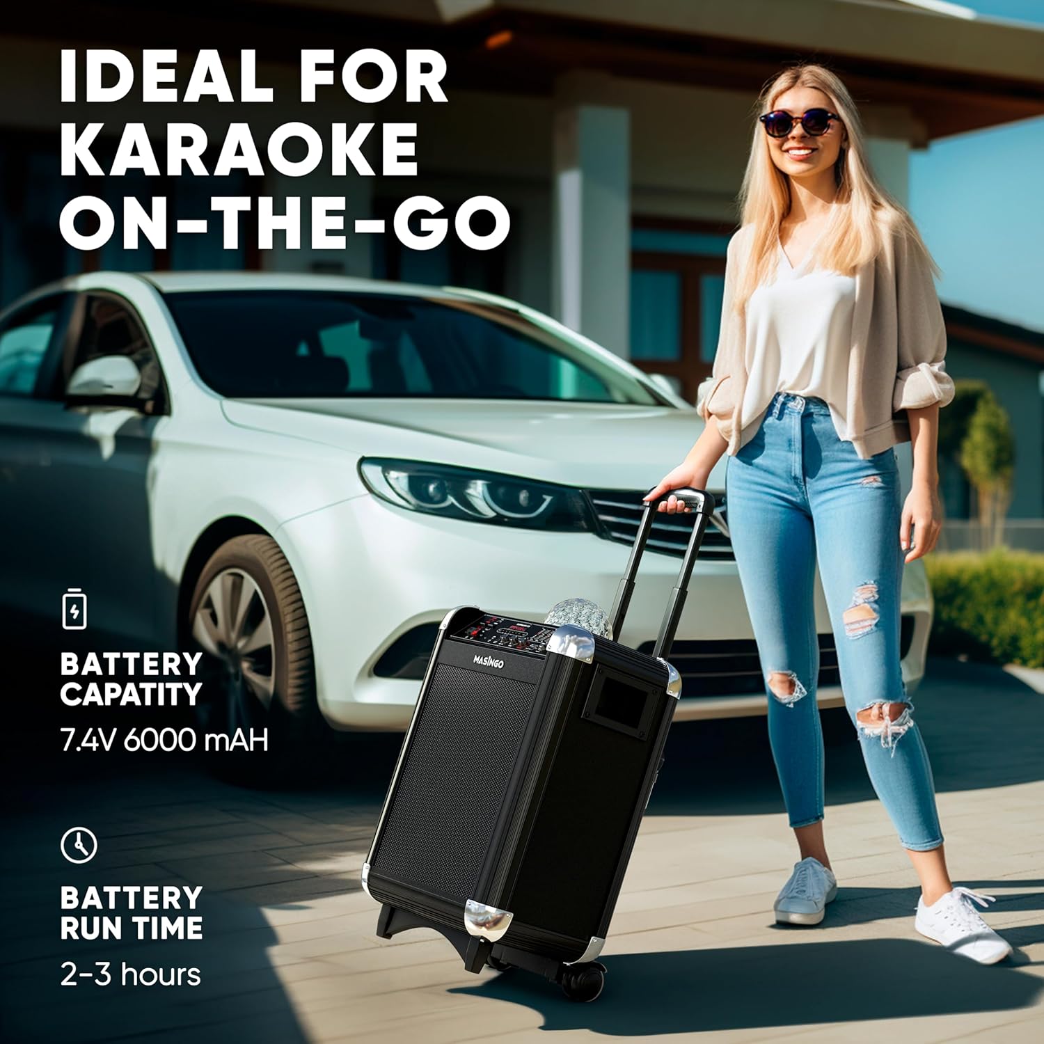 MASINGO Karaoke Machine for Adults and Kids with 2 Bluetooth Wireless Microphones. Portable Singing PA Speaker System with Disco Ball Lights, Lyrics Display Tablet Holder & TV Cable. Soprano X1 2.0