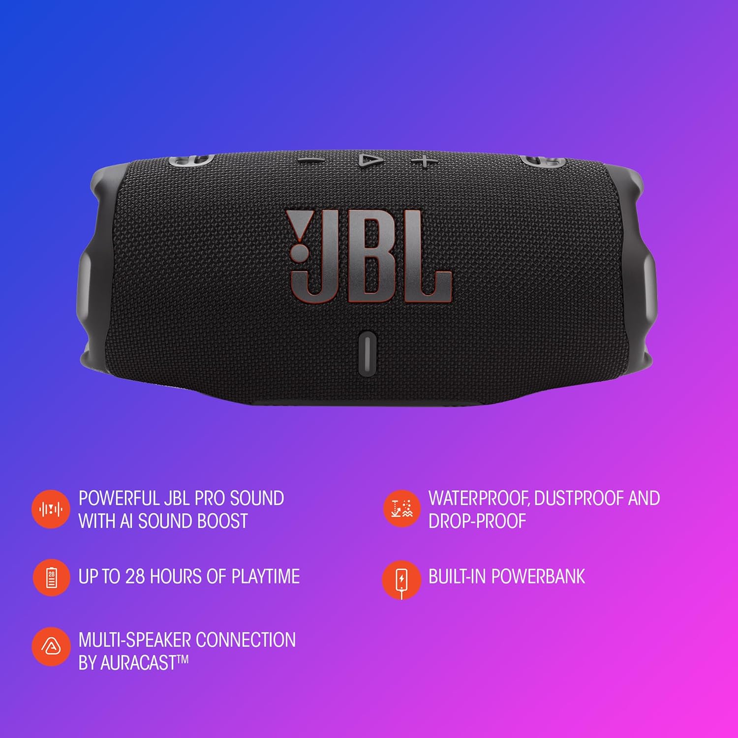 JBL Charge 6 - Portable Waterproof & Drop-Proof Bluetooth Speaker, Bold Pro Sound with AI Sound Boost (White) (Renewed)