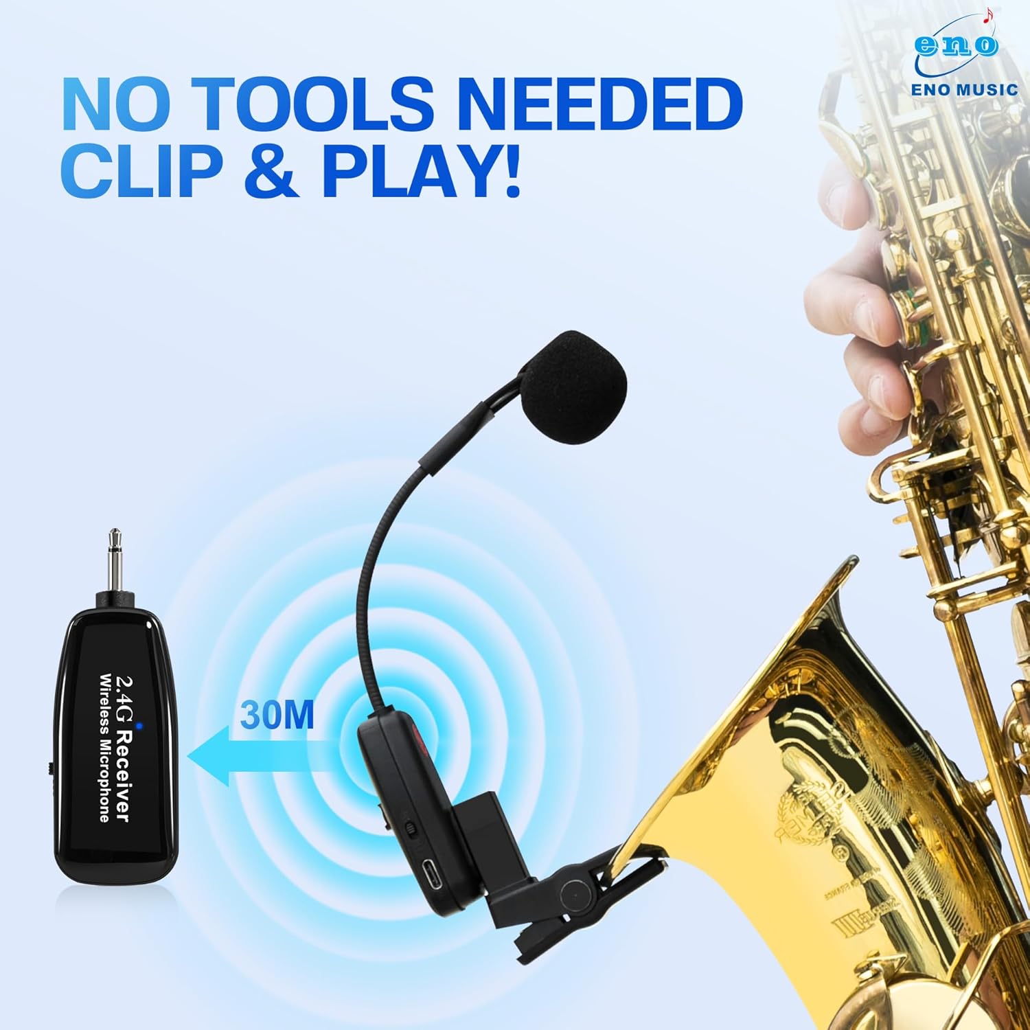 ENO MUSIC Professional 2.4G Wireless Mic System for Saxophone, 30M Stable Signal, Auto Reconnect, Includes 3.5mm-6.35mm Adapters for Live Shows