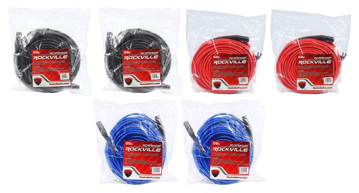 Rockville 6 100' Female to Male REAN XLR Mic Cable (3 Colors x 2 of Each)