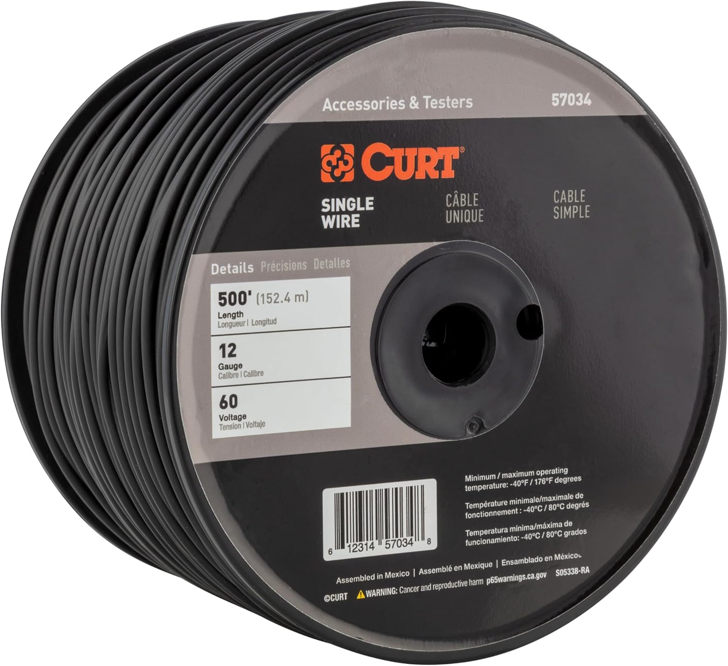 CURT 57034 Automotive Primary Wire, Black 500-Foot Trailer Wiring Spool, 60-Volt, 12-Gauge