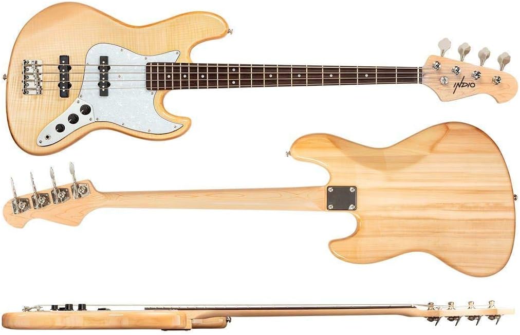 Monoprice Jamm Flamed Maple Electric Bass - Natural, with Gig Bag, 4 Strings, Double‑Cutaway Solid Body - Indio Series