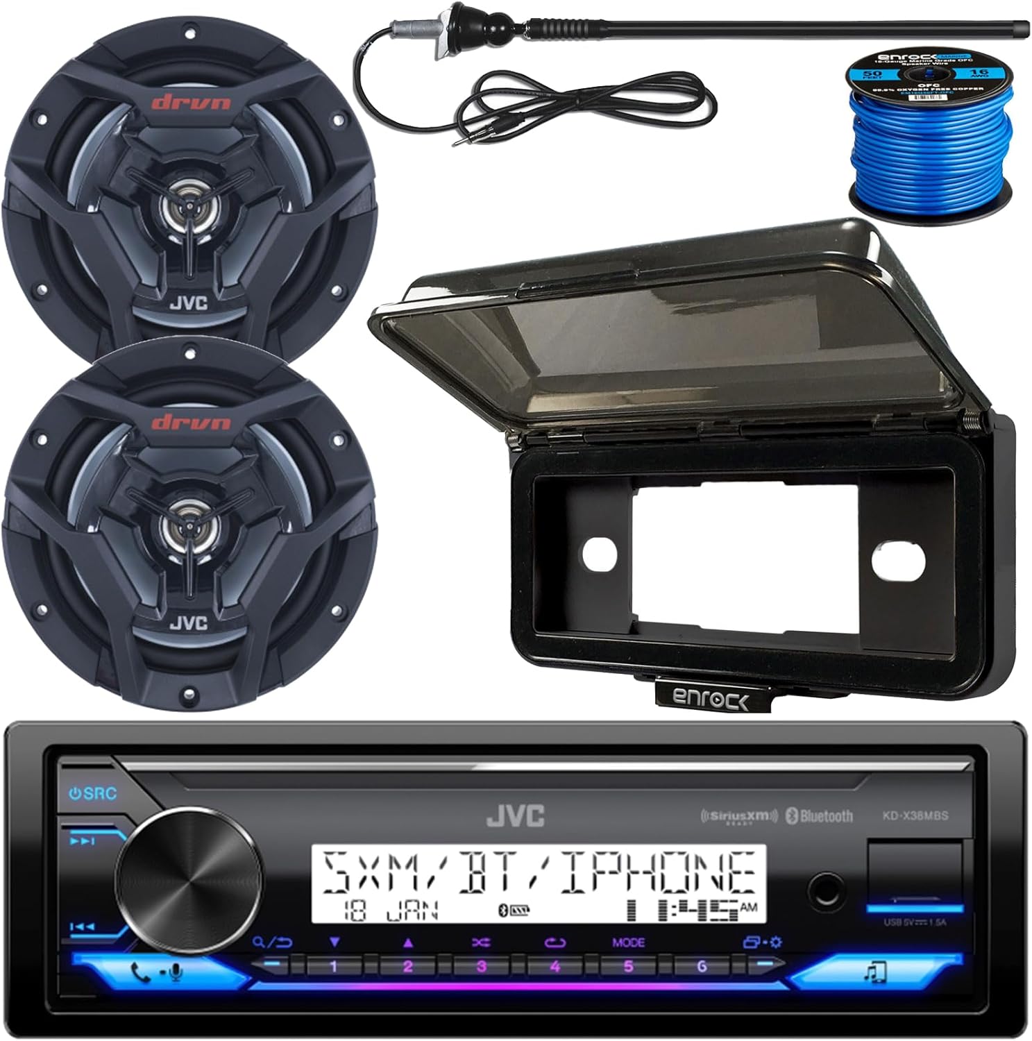 JVC Single DIN Marine Motorsports Bluetooth USB AUX AM/FM Stereo Receiver with 6.5