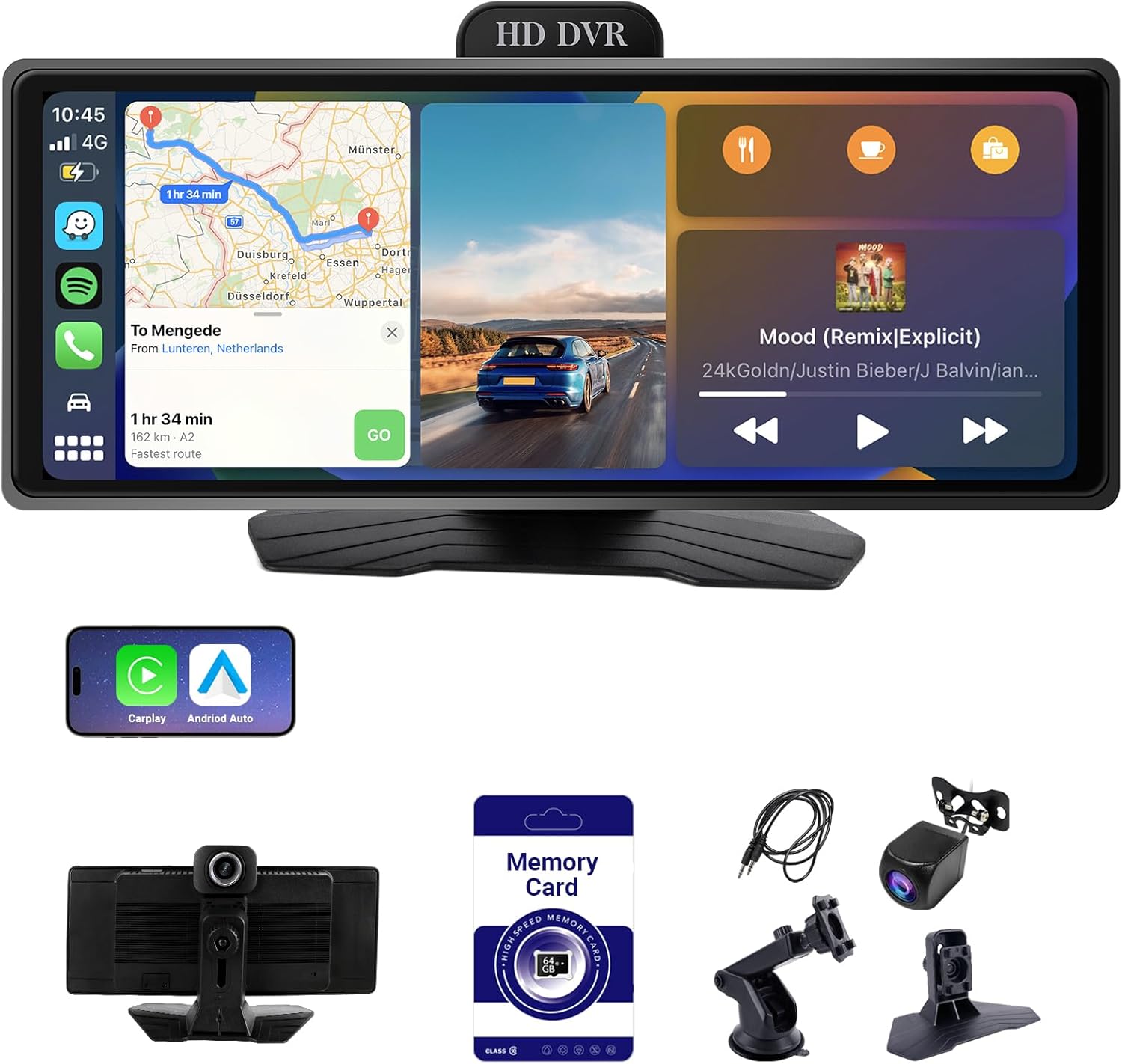 ‌10.26 Inch Wireless Apple CarPlay & Android Auto Car Display with 1080P Dash Cam & Backup Camera All-in-One Smart Car Stereo Free 64GB SD Card