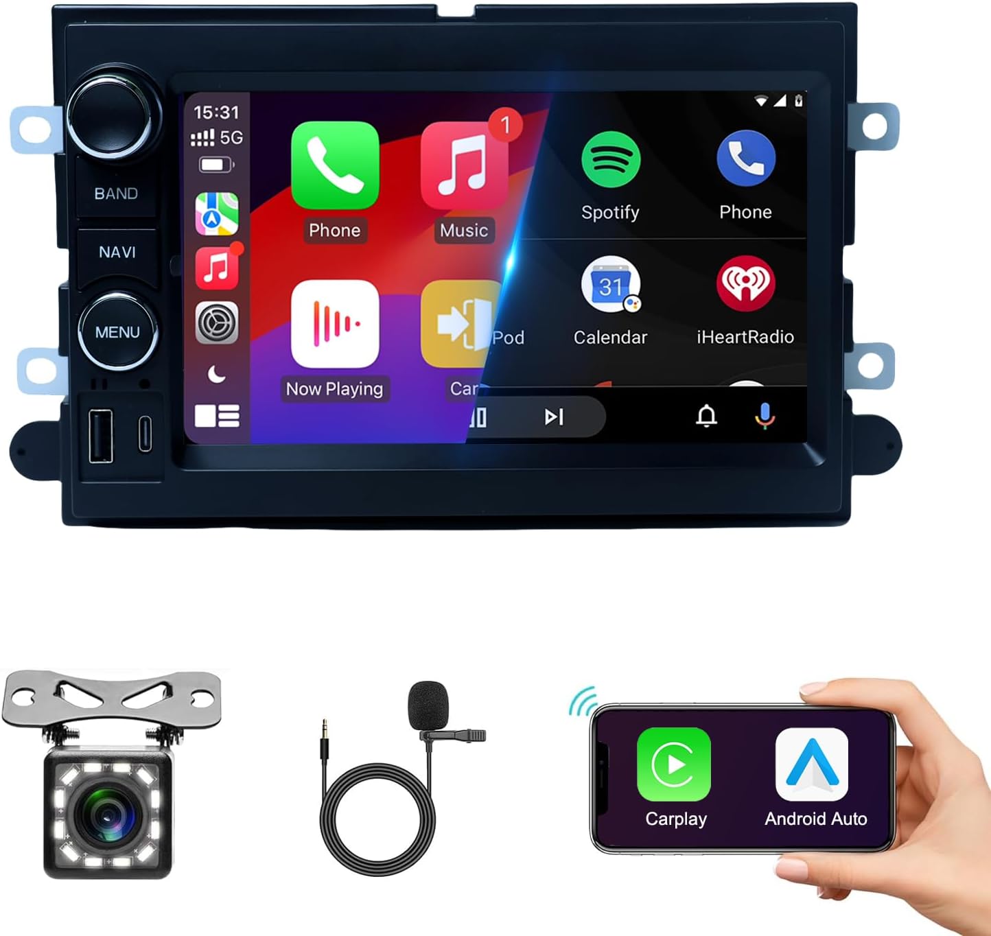 2+32G Android13 7 Inch IPS Screen Wireless Apple CarPlay Android Auto Car Stereo for Ford F150 F250 F350 Fusion Edge Explorer Taurus Freestar Radio with FM BT GPS WiFi SWC Backup Camera MIC