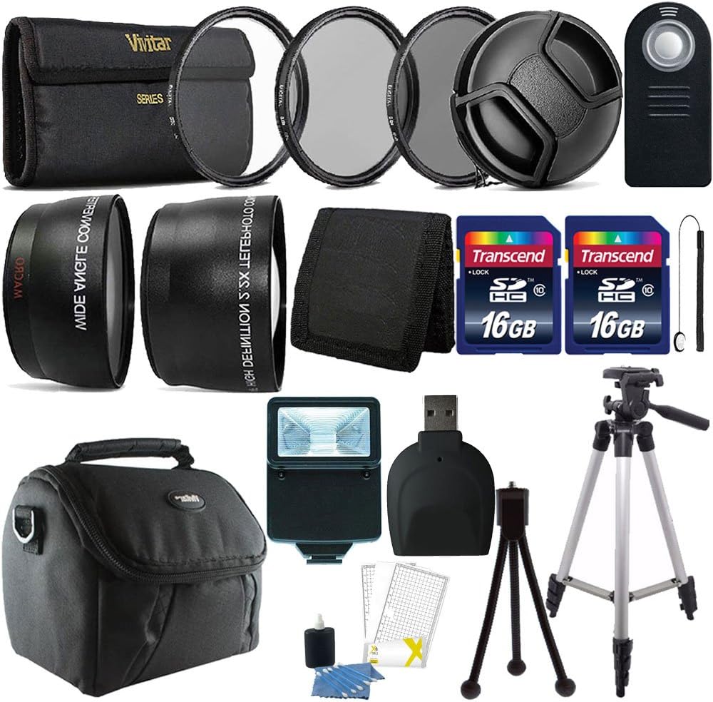 58mm Telephoto & Wide Angle Lens + UV CPL ND Filter + 32GB Memory Card + Wallet + Remote + Reader + Slave Flash + Case + Ta;; Tripod + 3pc Cleaning Kit + Mini Tripod