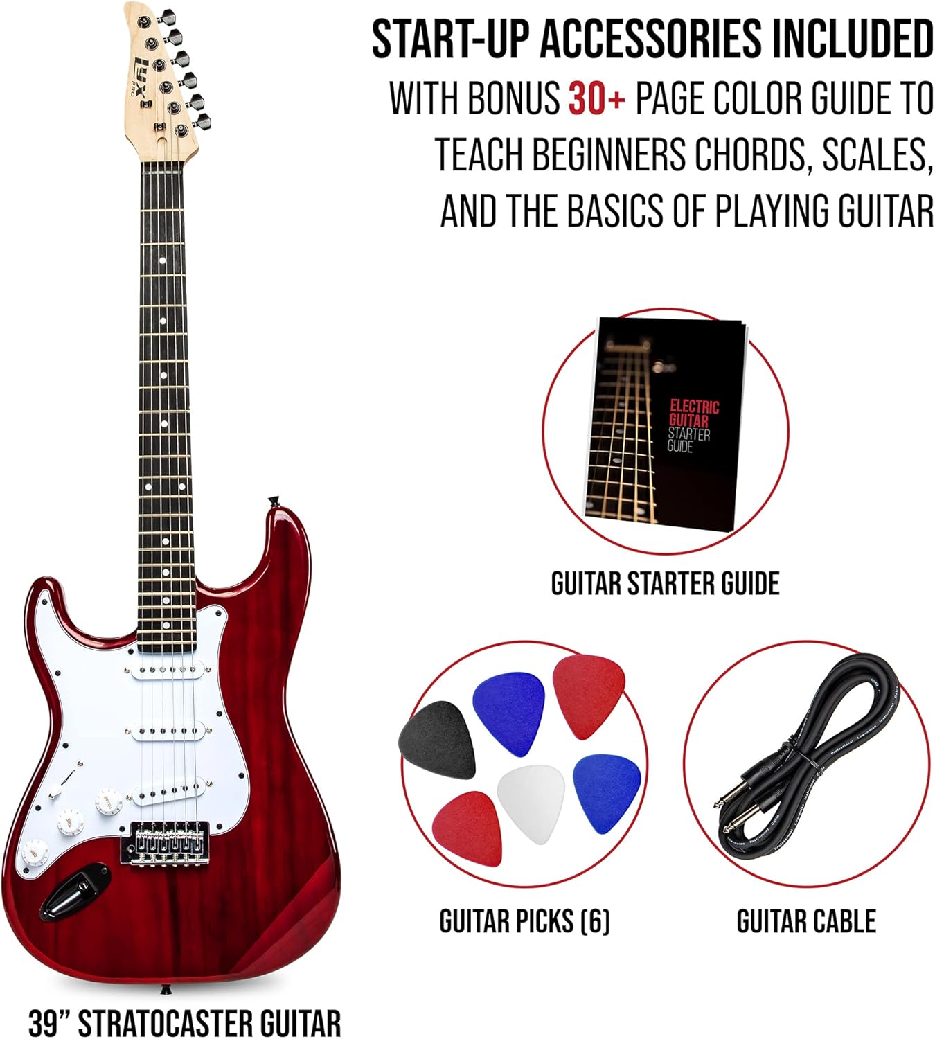 LyxPro CS 39” Left Hand Electric Guitar Kit for Beginner, Intermediate & Pro Players with Guitar, Amp Cable, 6 Picks & Learner’s Guide, Solid Wood Body, Volume/Tone Controls, 5-Way Pickup - Red