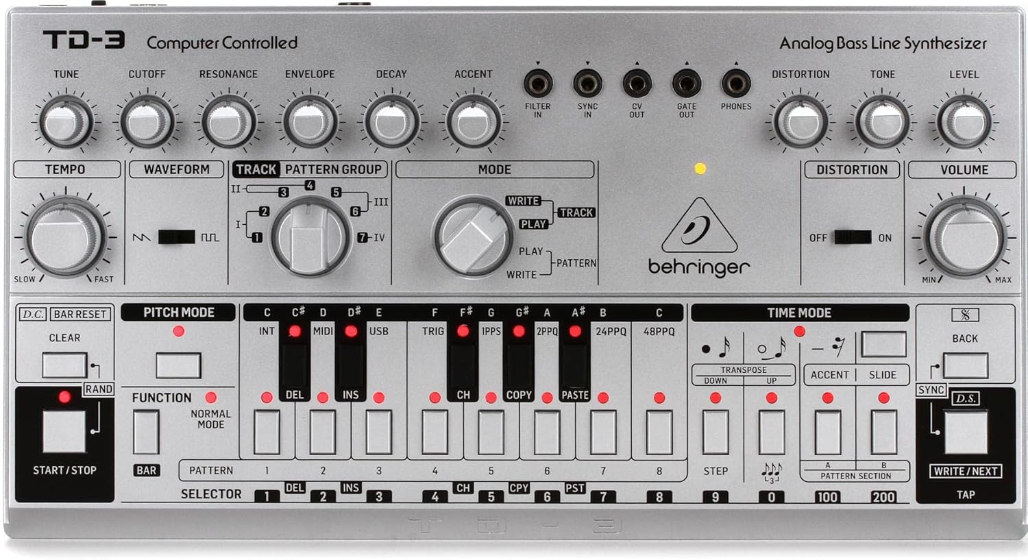 Behringer TD-3-SR Analog Bass Line Synthesizer - Silver and Hosa MID-315BK 5-Pin DIN to 5-Pin DIN MIDI Cable, 15 Feet Bundle