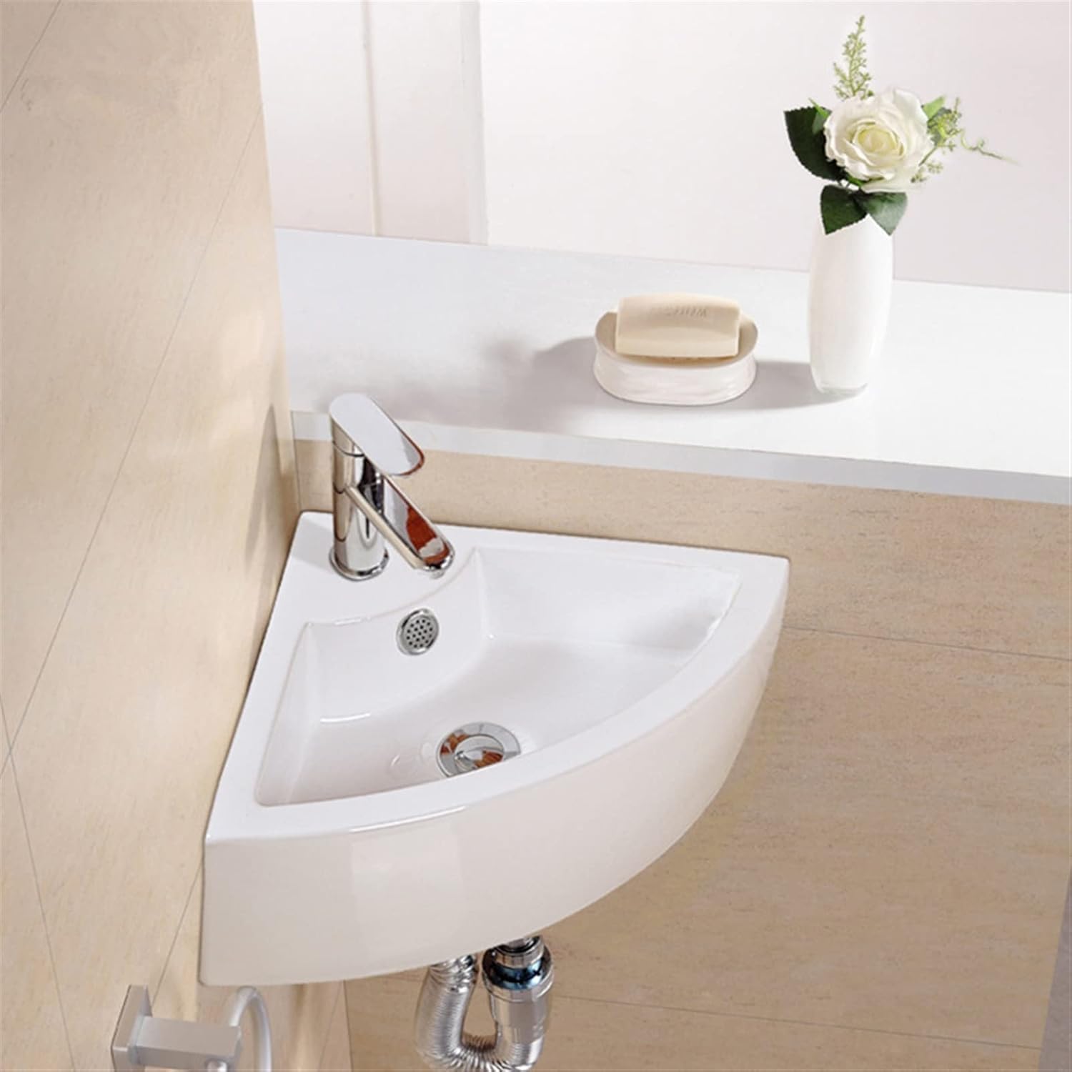 Bathroom Sinks Triangle Porcelain Ceramic Wall Mount Vanity Space Bathroom Sink Bowls Small Wall Mount Corner Bathroom Sink，White Drop in Bathroom Sink
