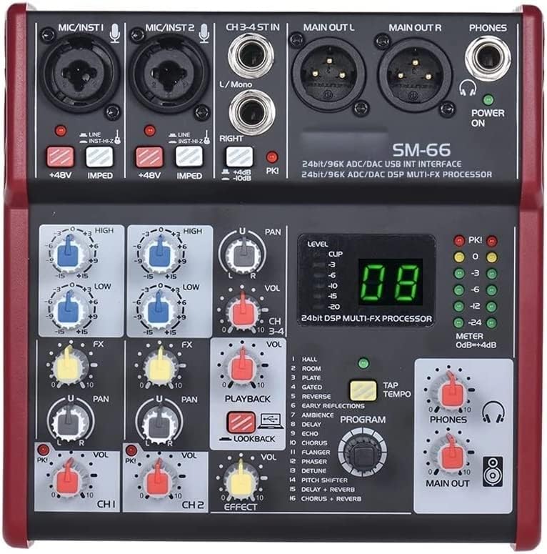 4-Channel Mixer Sound Card Audio Mixing Console Built-in 16 Effects with USB Audio Interface Supports 5V Power Bank