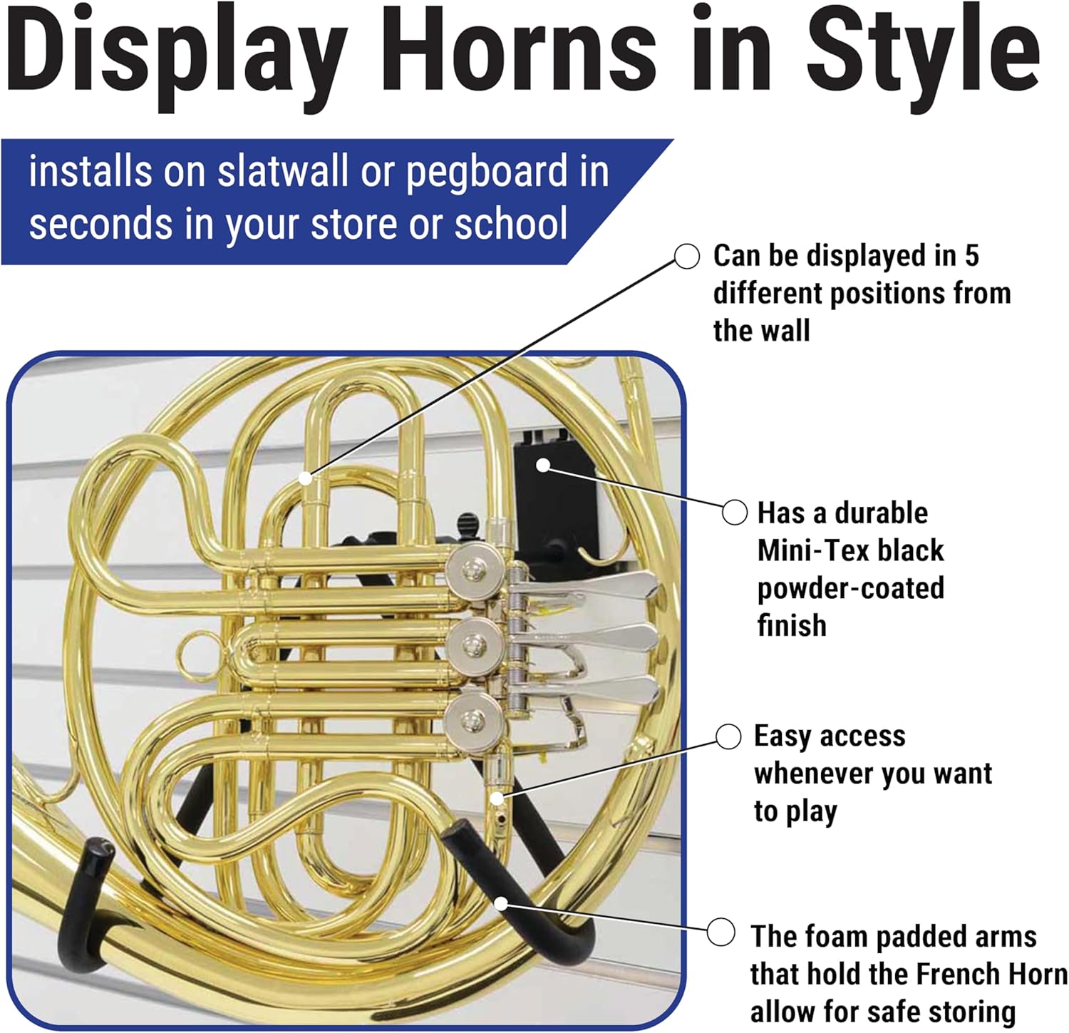 Metal Adjustable French Horn Holder Display for Slatwall or Pegboard (Quantity 5) (5, Black)