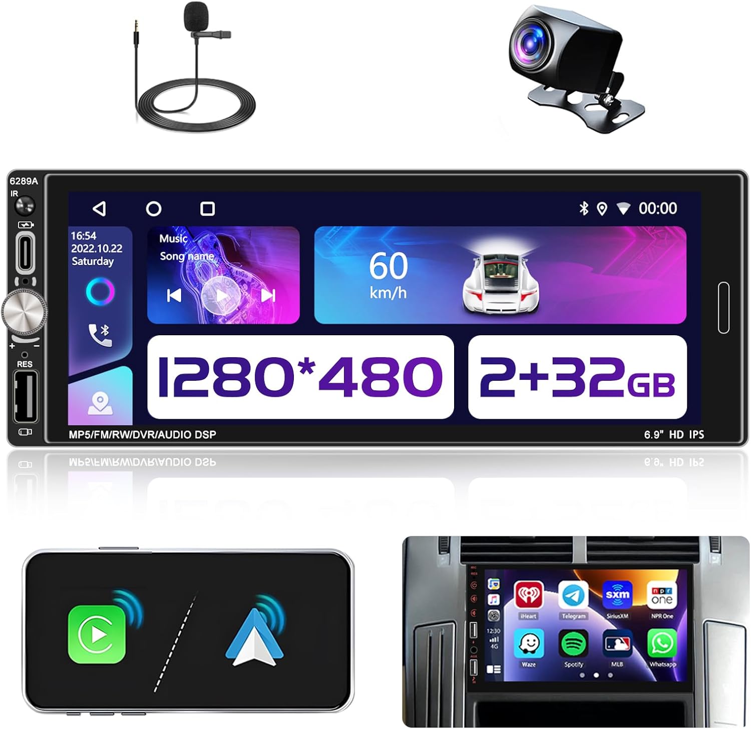 [2+32G] Single Din Touchscreen Radio Wireless Apple Car Play Wireless Android Auto, 6.9 in Single Din Car Stereo with Mirror Link Bluetooth 5.0 FM RDS GPS Navigation 32EQ SWC + Backup Camera