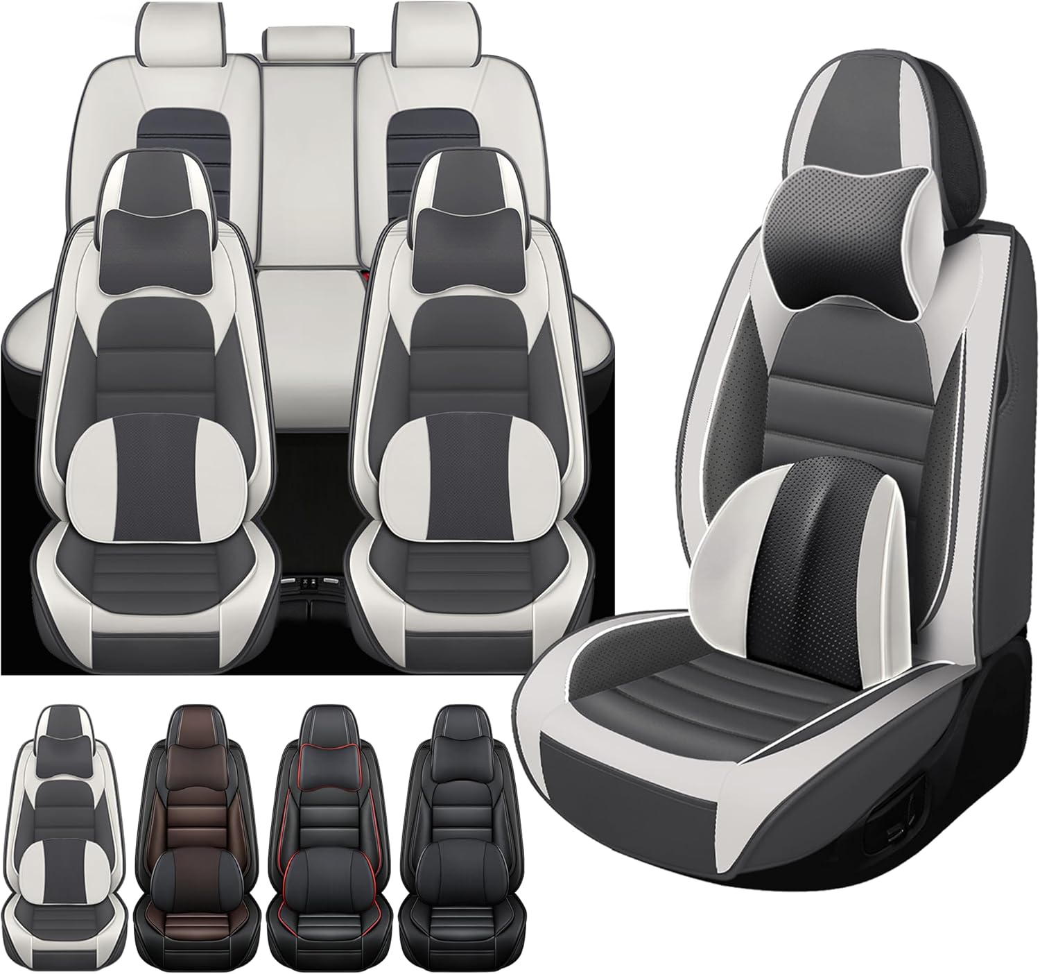 Car Seat Cover Fit for Chevy Silverado 2008-2024 Waterproof Seat Covers,Nappa Faux Leather Breathable and Comfortable,Car Seat Protector Car Interior Accessories (Full Set) Grey&White