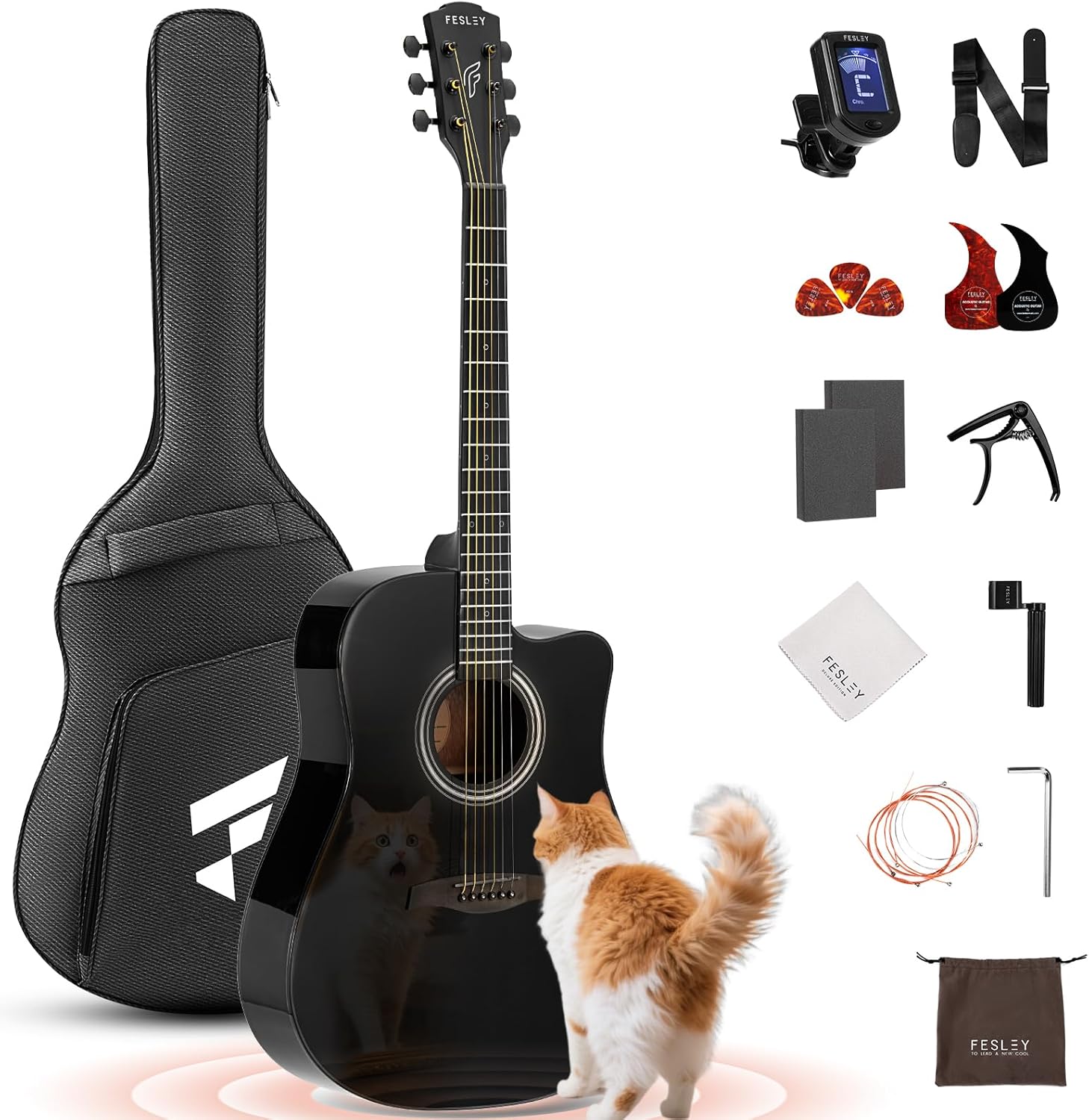 Acoustic Guitar Kit, 41 Inch Full Size 6 String Cutaway Guitarra Acústica for Beginner Adults with Tuner, Gig Bag, Strap, Steel Strings, Capo, Pickguard, Picks, FD60C, Black
