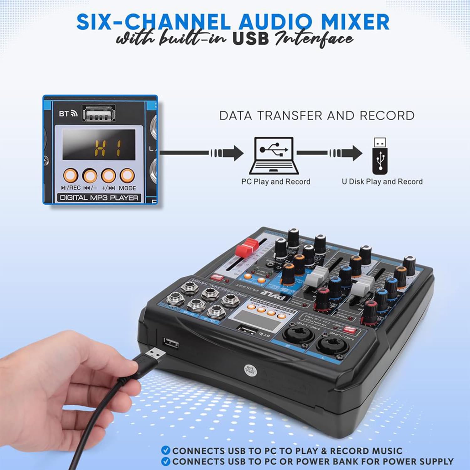 Pyle Professional Wireless DJ Audio Mixer - 6-Channel Bluetooth Compatible DJ Controller Sound Mixer w/ DSP Effects, USB Audio Interface, Dual RCA In, XLR/1/4