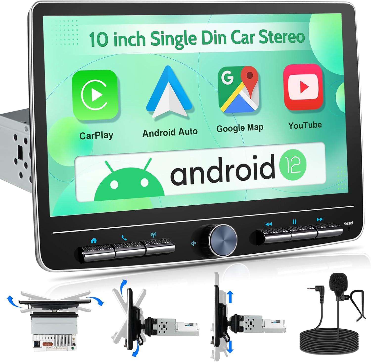 Single Din Touchscreen Radio: 10 Inch Android Single Din Car Stereo Head Unit Touch Floating Screen Compatible with Apple Carplay Android Auto, 1 Din Car Radio with AM/FM, GPS Navi, SWC, MIC