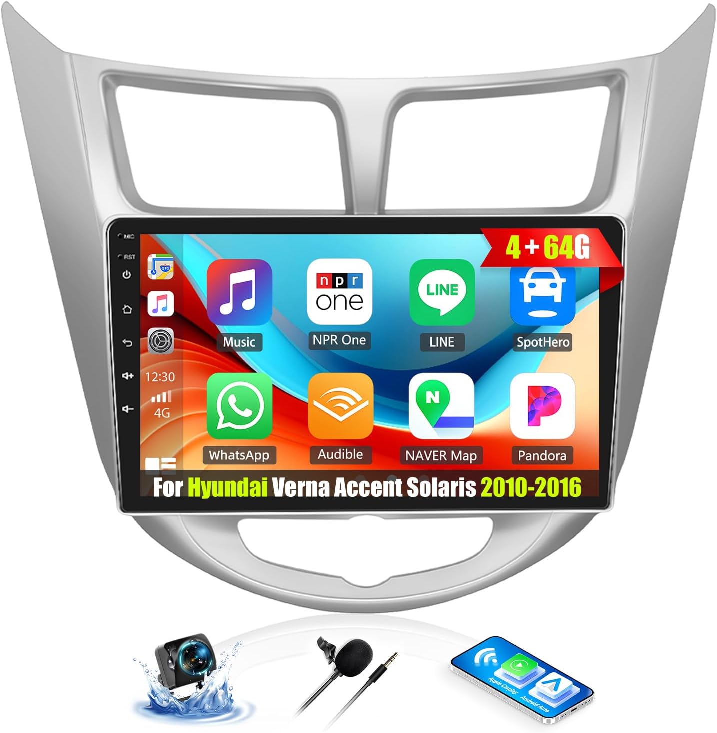 4+64G Android 13 Car Stereo for Hyundai Verna Accent Solaris 2010-2016 with Wireless Carplay, 9'' Touchscreen Car Radio with WiFi Mirror Link GPS Bluetooth FM RDS Radio DSP EQ SWC+AHD Backup Camera