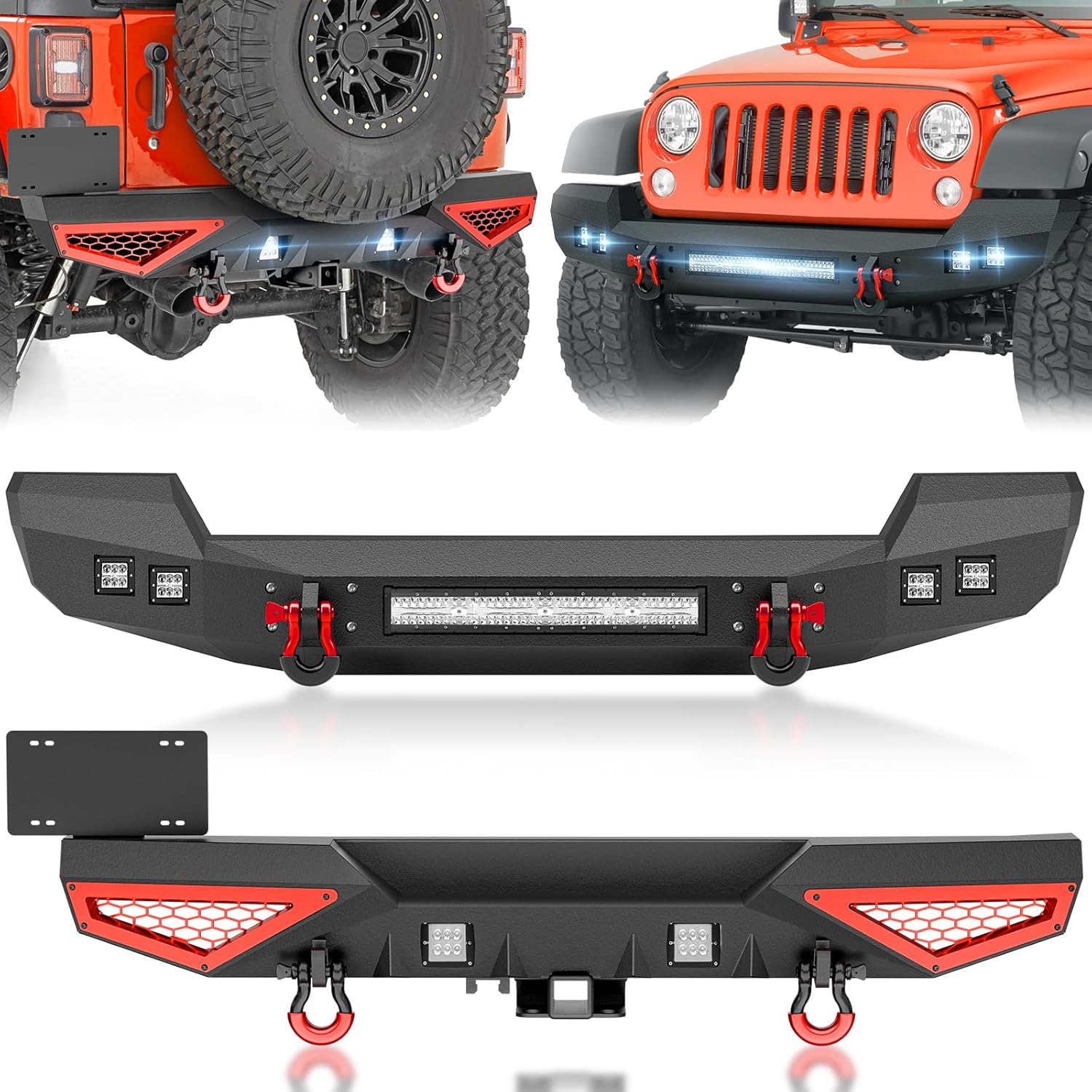 SUORTO Full Width Front and Rear Bumper Compatible with 2007-2018 Jeep Wrangler JK JKU, Off-Road Bumper with License Plate Frame, LED Lights, Paintable Armor, 2