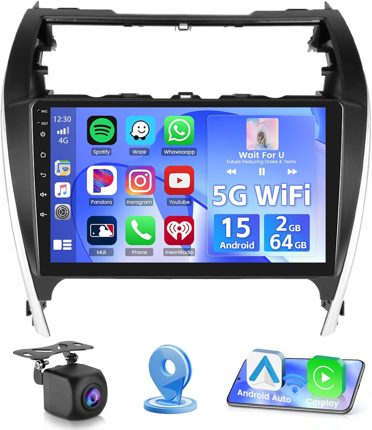 Android 15 Car Stereo for Toyota Camry 2012 2013 2014, [2+64GB] Hikity 10.1