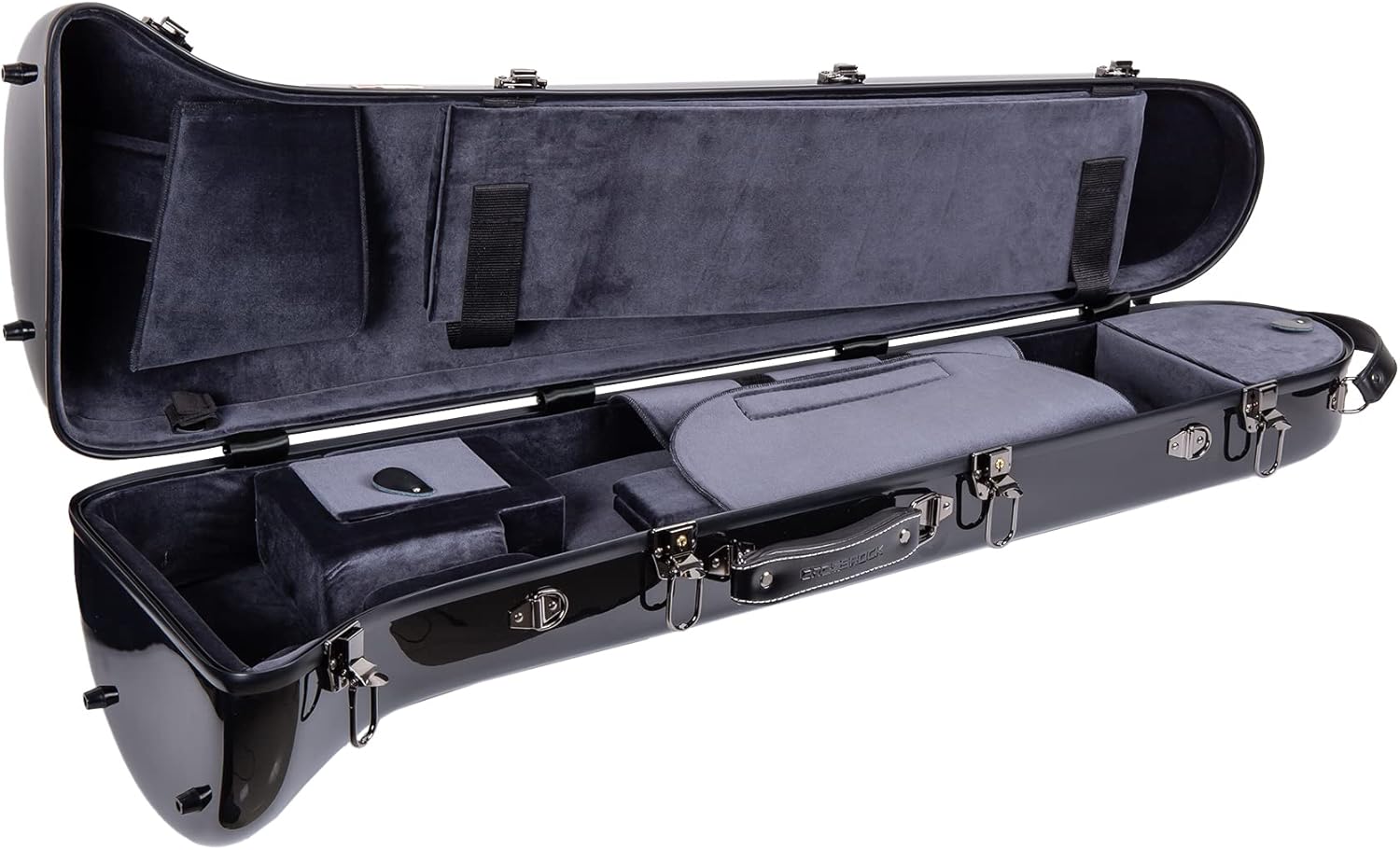 Crossrock Fiberglass Trombone Case for F-Trigger or Straight Bb | Black Gloss Finish, Modular Interior, Backpack Straps – TSA Lockable Hardshell (CRF1020TBBK)