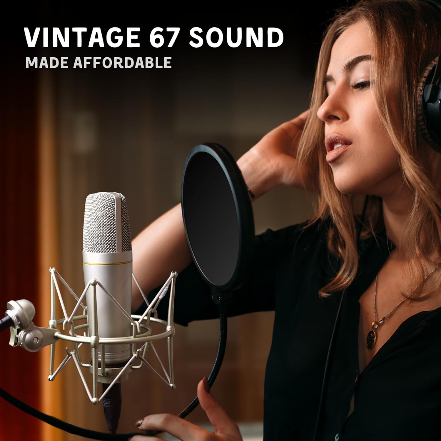 MA-67 Studio Condenser Microphone, 34mm Gold Large Diaphragm Capsule, Including Hydro Pop Filter, Metal Shock Mount, XLR Cable and Mic Bag - For Music Production, Vocal Recording and Podcasting