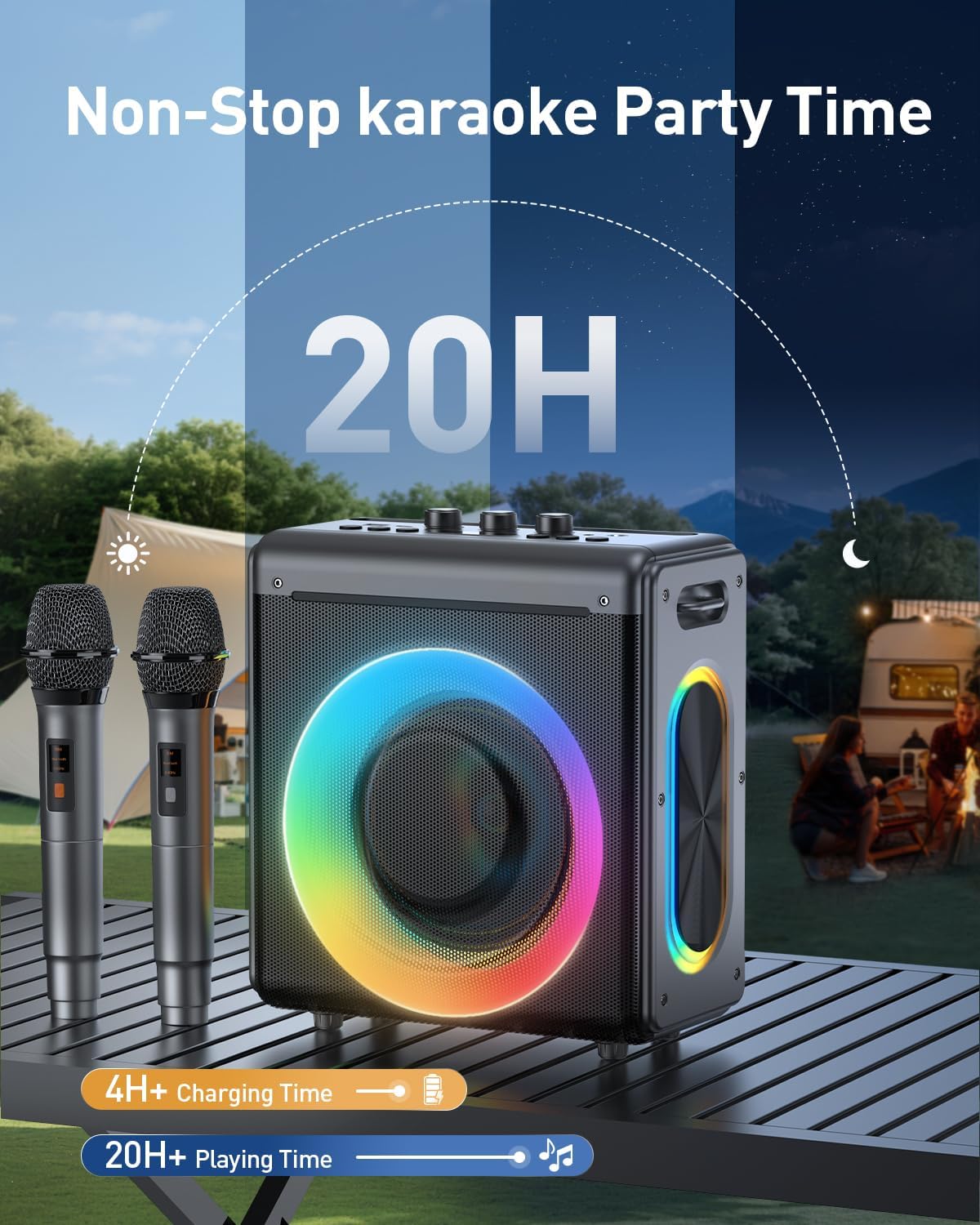 Karaoke Machine with 2 Wireless Microphones: Portable Bluetooth Speaker for Adults & Kids - PA System with Lights Supports TWS/TF Card/USB/AUX for Home Party-Stage Subwoofers