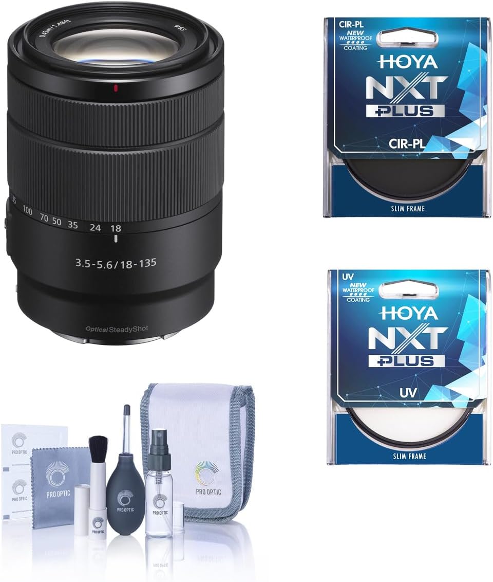 Sony E 18-135mm f/3.5-5.6 OSS Lens for Sony E, Bundle with Hoya NXT Plus 55mm UV+CPL Filter Kit, Cleaning Kit