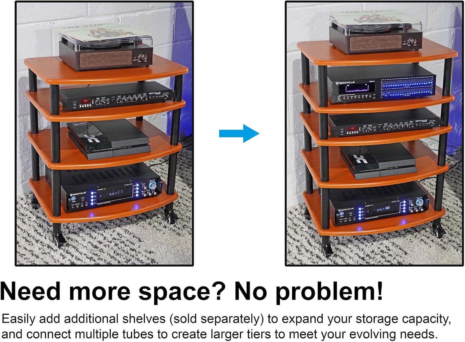 Rockville FLX Classic Wood Adjustable Height 4 Shelf A/V Rack Stand, Expandable Design, for Home Theater