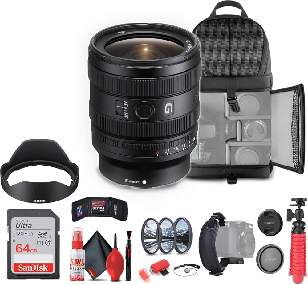 Sony FE 24-50mm f/2.8 G Lens (Sony E) (SEL2450G) + 64GB Memory Card + Filter Kit + Backpack + Flexible Tripod + Cap Keeper + Cleaning Kit + Memory Card Wallet + Card Reader + Hand Grip Strap (Renewed)
