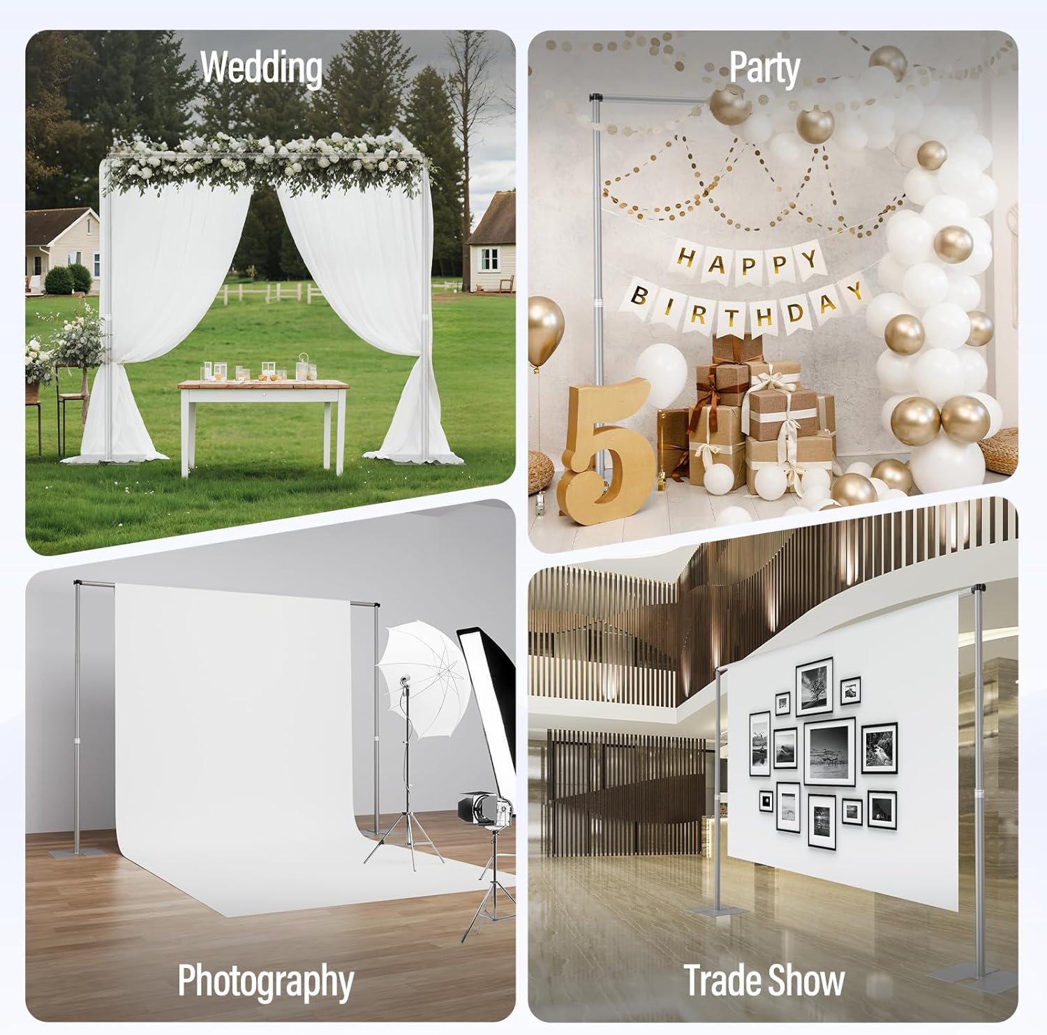 EMART Heavy Duty Backdrop Stand, 10x10Ft Adjustable Pipe and Drape kit with 9.26 LBS Steel Flat Base, Sturdy Metal Diy Photo Background Frame for Parties, Events, Wedding, Photography - Silver