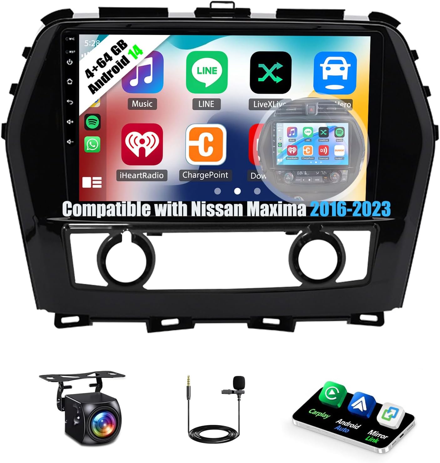 4+64G Car Stereo Fit for Nissan Maxima 2016-2023 Android 14 Radio Upgrade 10 Inch Touch Screen with Wireless Carplay Android Auto AHD Backup Camera Mirror Link GPS SWC WiFi FM