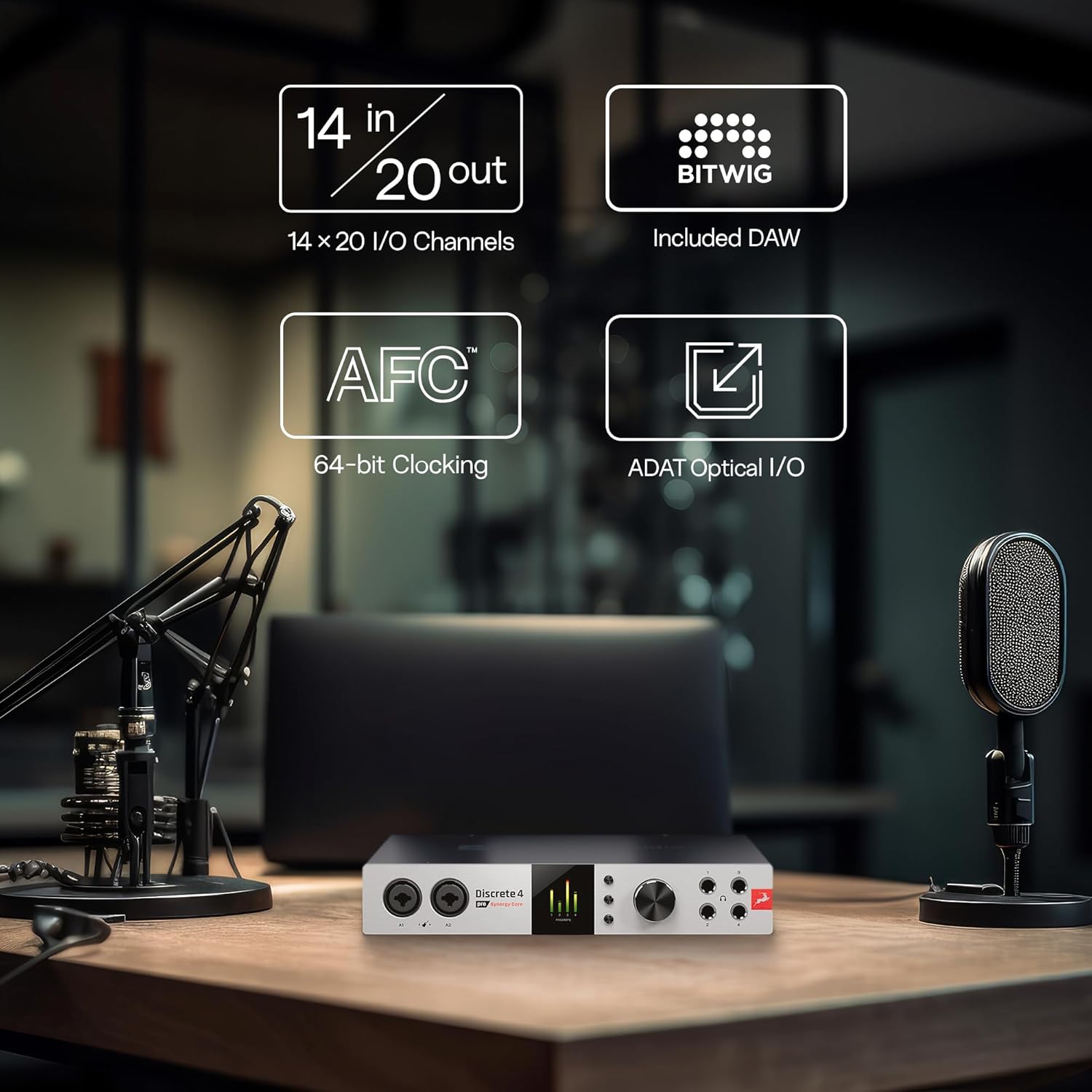 Antelope Audio Discrete 4 Pro Synergy Core Desktop 14x20 Audio Interface - Thunderbolt 3 & USB 2.0 4 Channel Microphone Preamp Recording, Streaming Studio Audio Interface w/Onboard Real-Time Effects