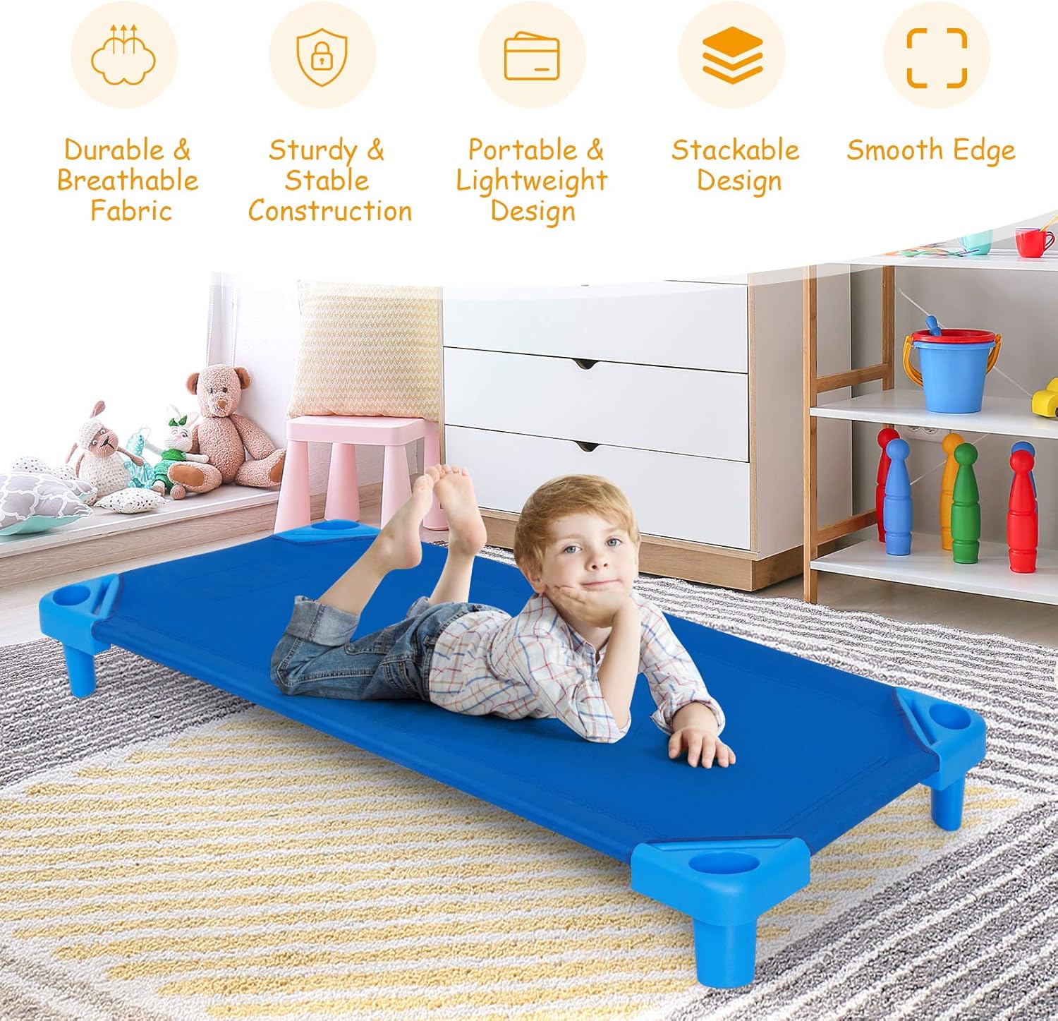 Daycare Cots, 6-Pack Stackable Nap Bed Cot with Easy Lift Corners, Portable Children Sleeping Cots for Preschool Classroom, Nursery, Ready-to-Assemble (Blue)