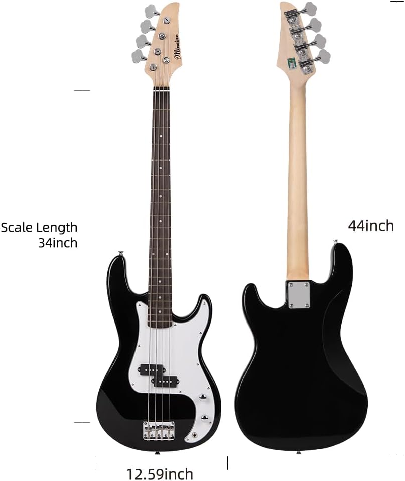 Electric Bass Guitar 4 Strings Full-Size Standard Bass PB-Style Beginner Kit Black for Starter with Gig Bag Guitar Strap and Guitar Cable, MS-FD (black)