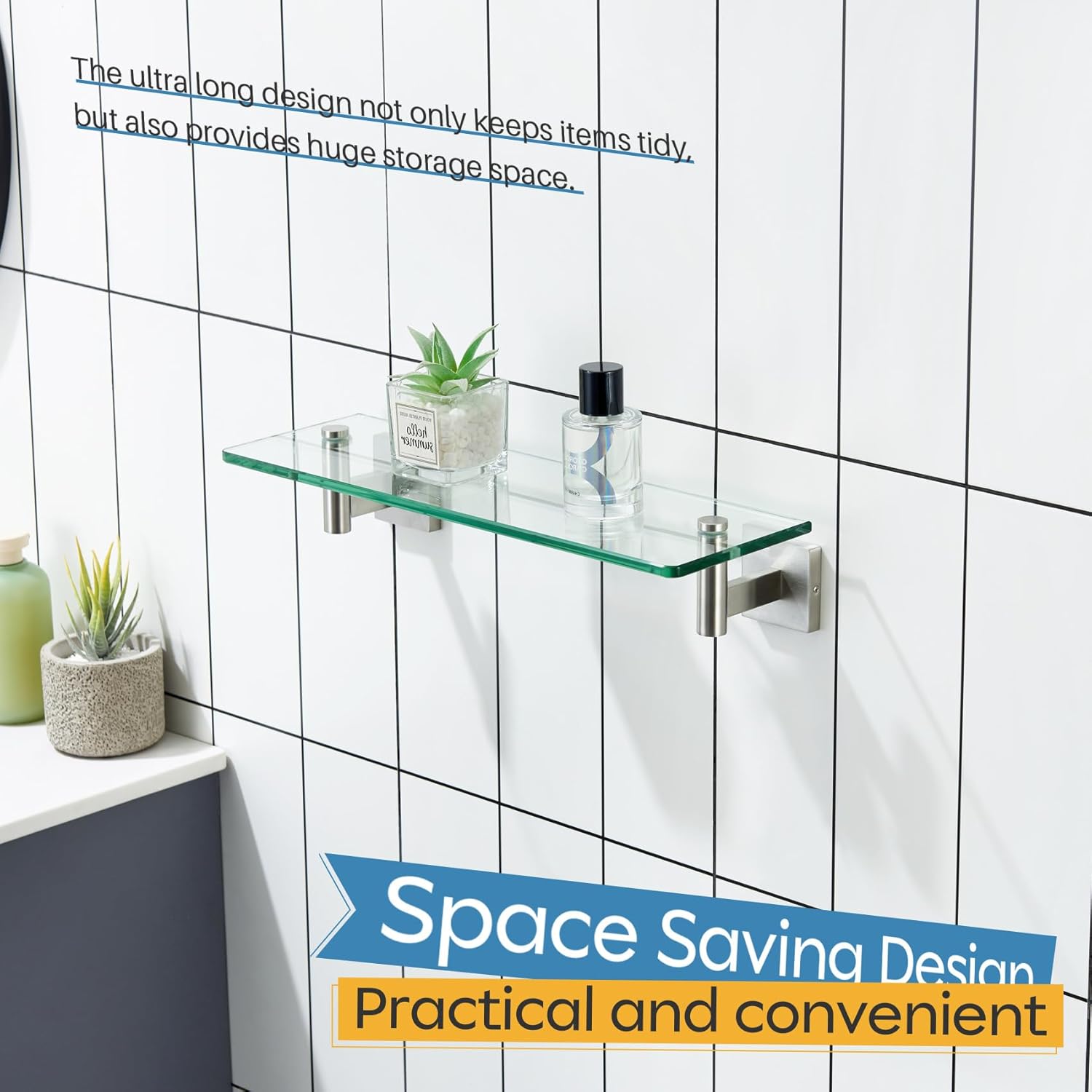 KOKOSIRI Floating Shelf Bathroom Wall Mount Shelves 16-Inch for Bedroom Living Room Kitchen Hanging Rack Brushed Stainless Steel 2 Pack B1105BR-L16-P2