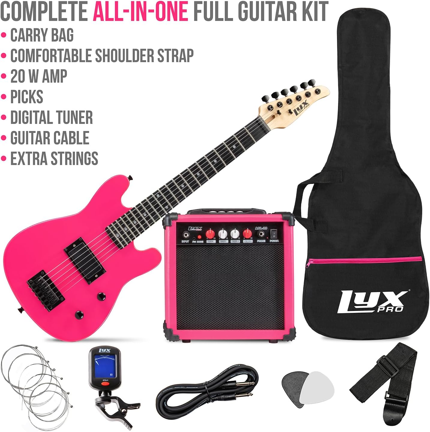 LyxPro 30 Inch Electric Guitar and Starter Kit for Kids with 3/4 Size Beginner’s Guitar, Amp, Six Strings, Two Picks, Shoulder Strap, Digital Clip On Tuner, Guitar Cable and Soft Case Gig Bag - Pink
