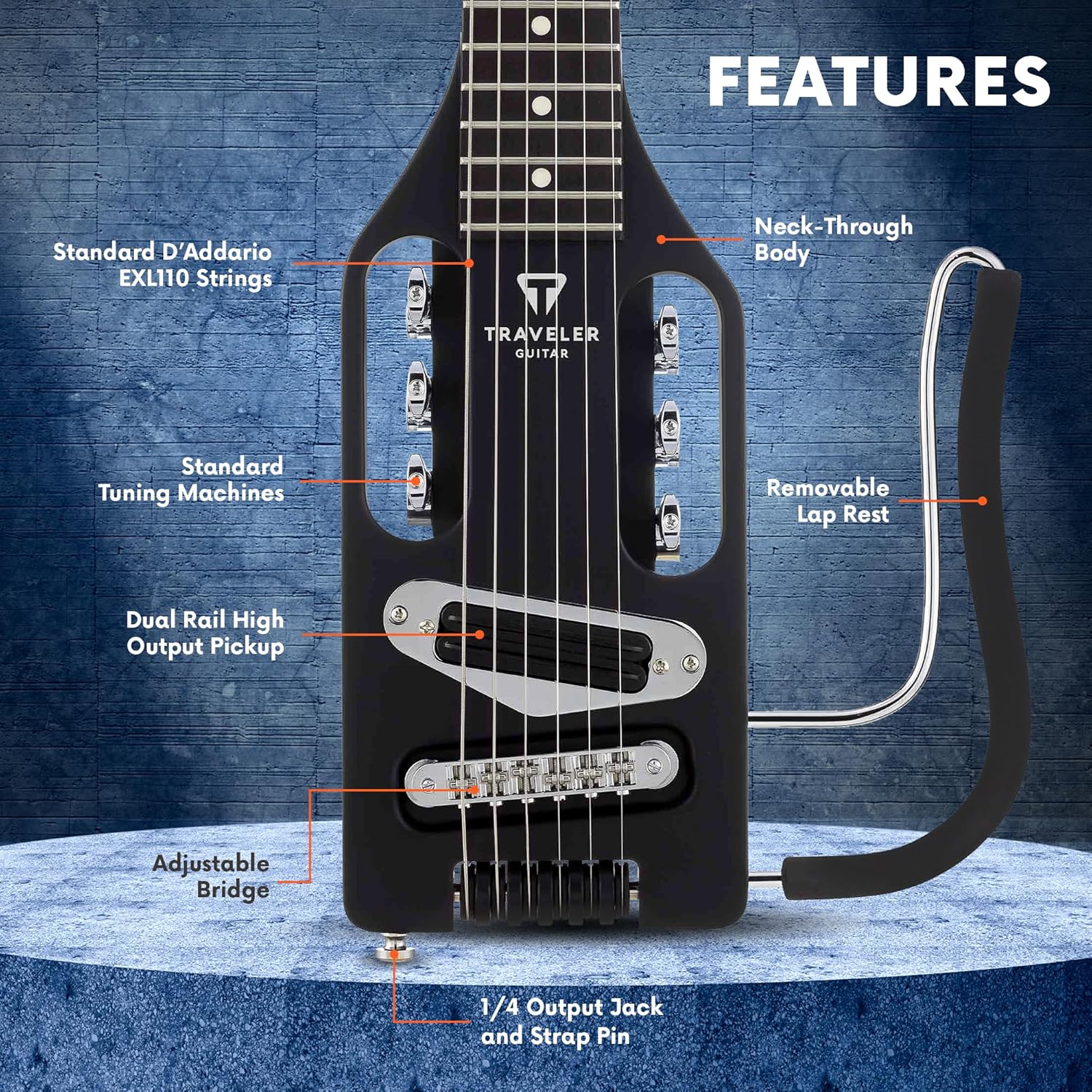 Traveler Guitar Ultra-Light Electric Guitar Matte Black | Portable Electric with Removable Lap Rest | Full 24 3/4
