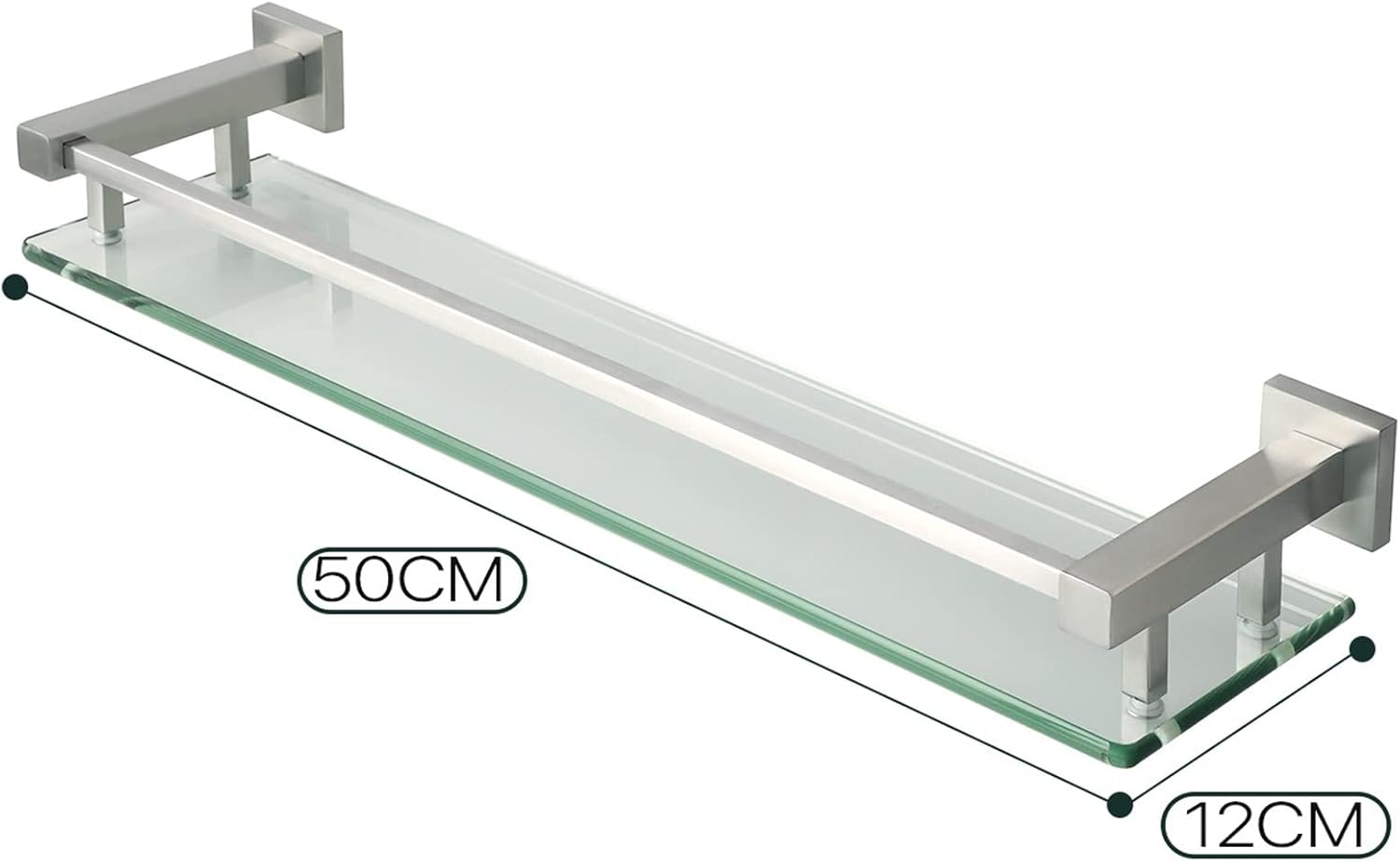 HASMI Bathroom Shelf 19.6in Bathroom Glass Shelf Aluminum Tempered Glass Thick Rectangular Storage Organizer Wall Mount 1 Tier Glass Floating Shelves Floating Shelves (Color : Brushed Nickel)