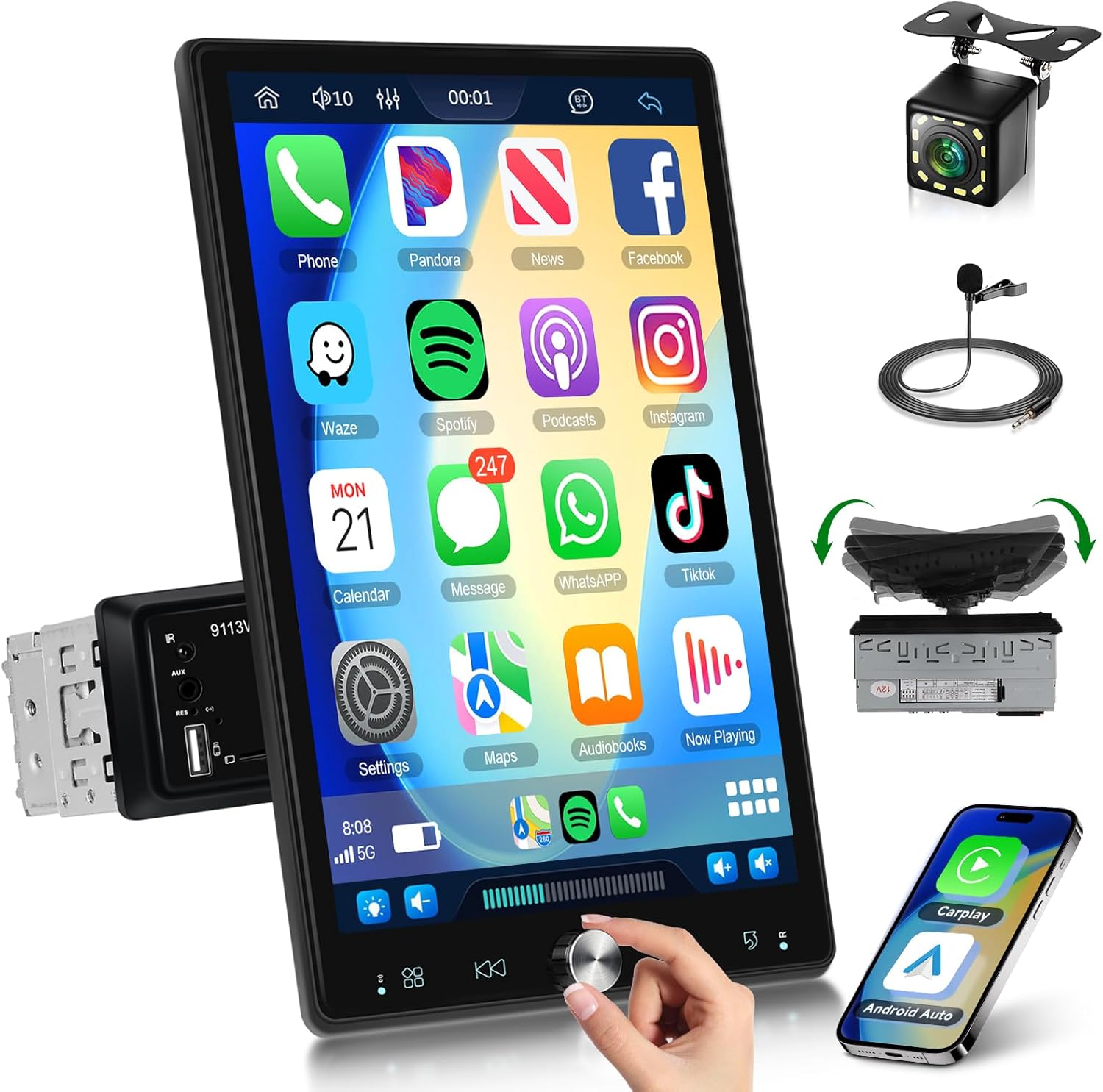 10.4 inch Single Din Car Stereo with Wireless Carplay Android Auto-2025 Upgraded 1080P IPS Detachable Touch Screen,5.2Bluetooth,12LED Backup Camera,FM Radio,USB/AUX,Mirror Link,SWC