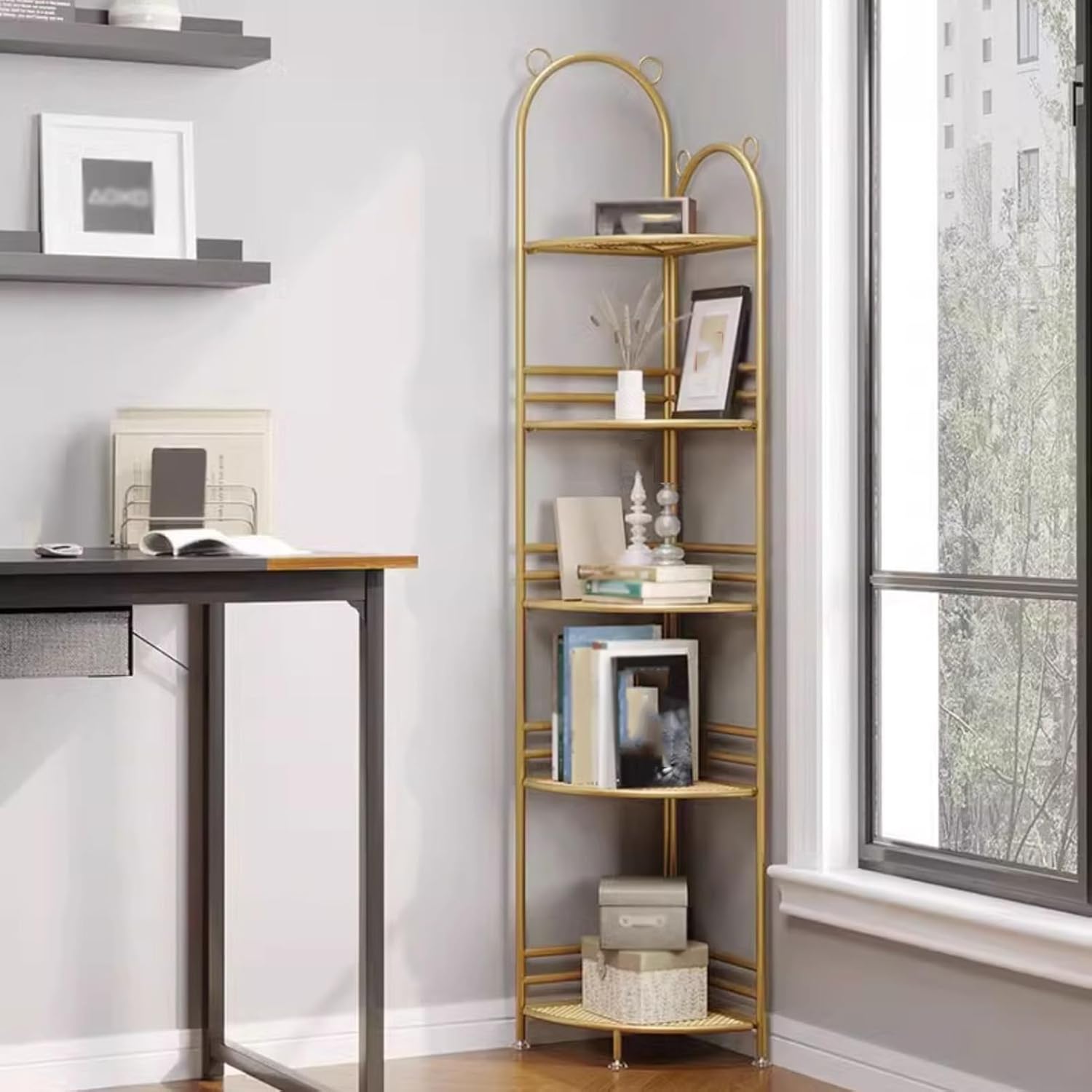 Industrial Bookshelf,Corner Bookcase,Multi-Layer Storage Rack,inch Tall Corner Shelf, Suitable for Small Space, Office(Gold, Green, White)(White,5tier) (Gold 5tier)