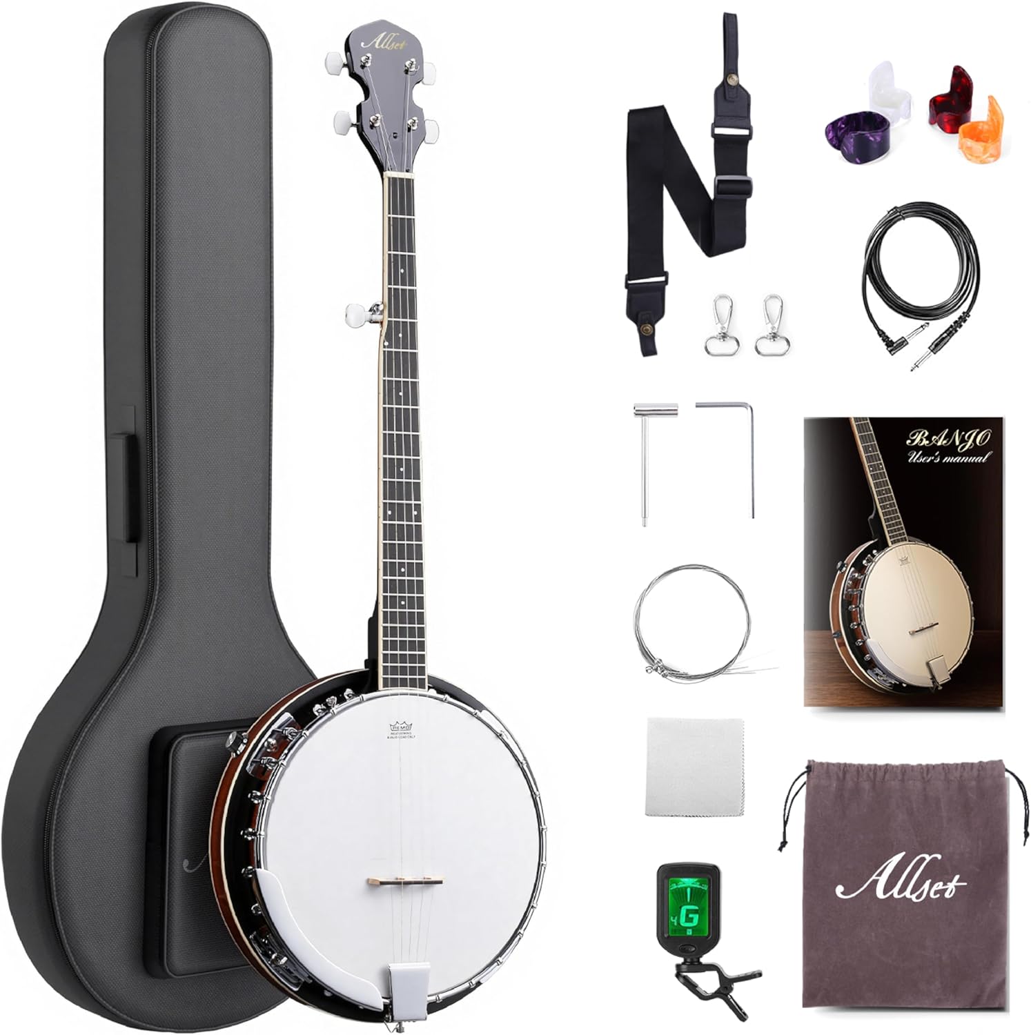 ALLSET 5 String Electric Banjo, Full Size 38 inch Geared 5th Tuner | Remo Head & Mahogany Body | Complete Starter Kit + Gig Bag/Tuner | Best Gift for Adult & Teen Beginners