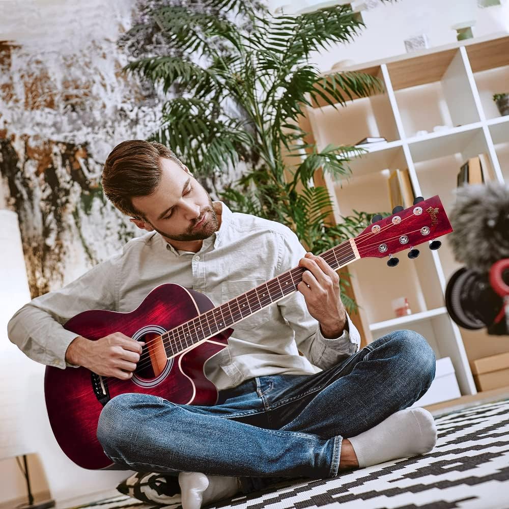 Winzz 40 Inches Acoustic Steel-string Guitar Beginner for Adults Students, Elegant Unique Color Design (Red)